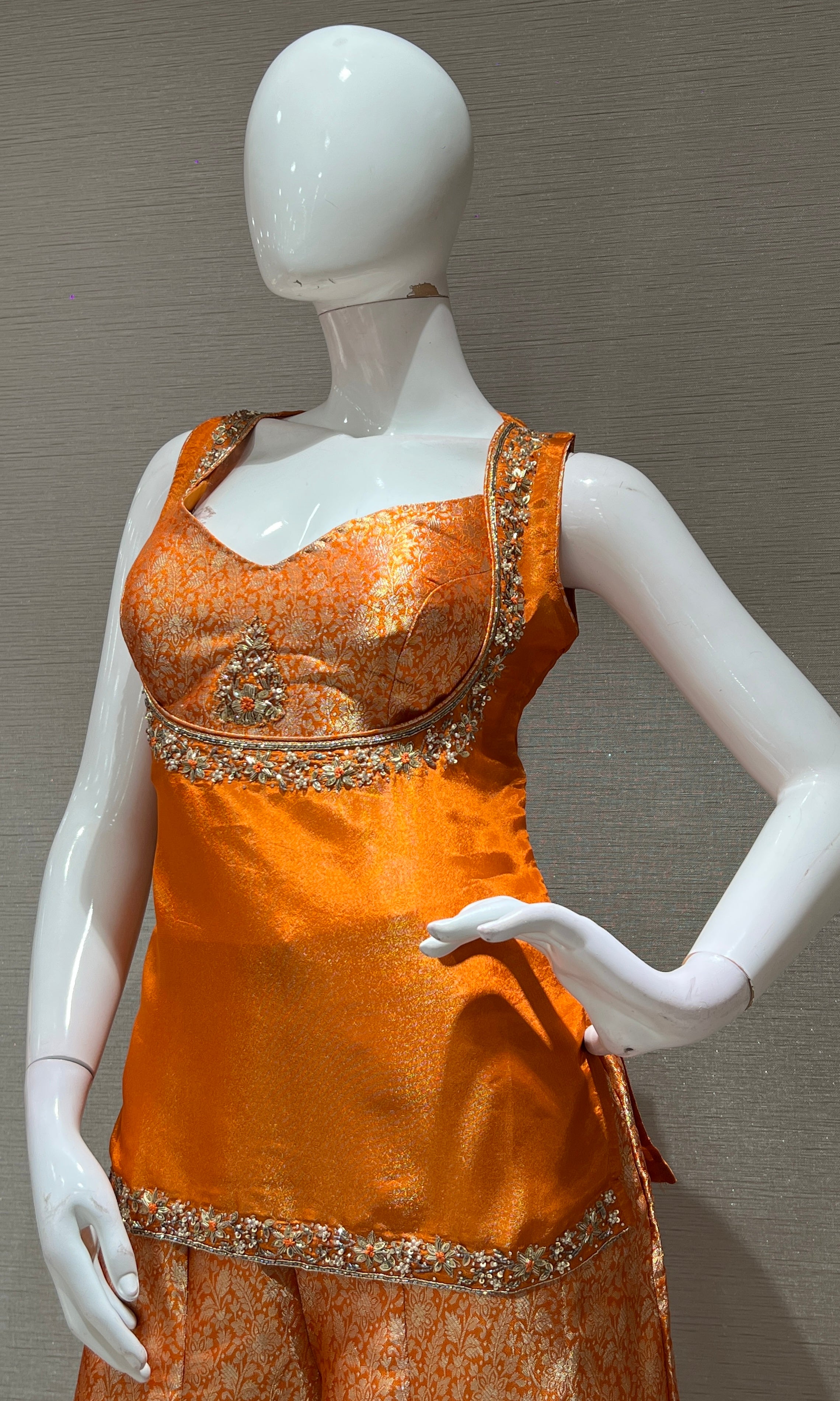 orange silk crop top and flared SHARARA set