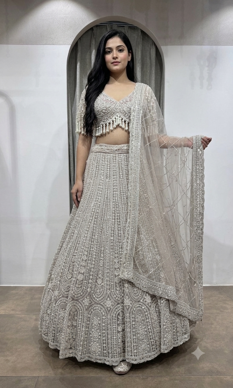 Grey Silver heavy designer bridal lehenga