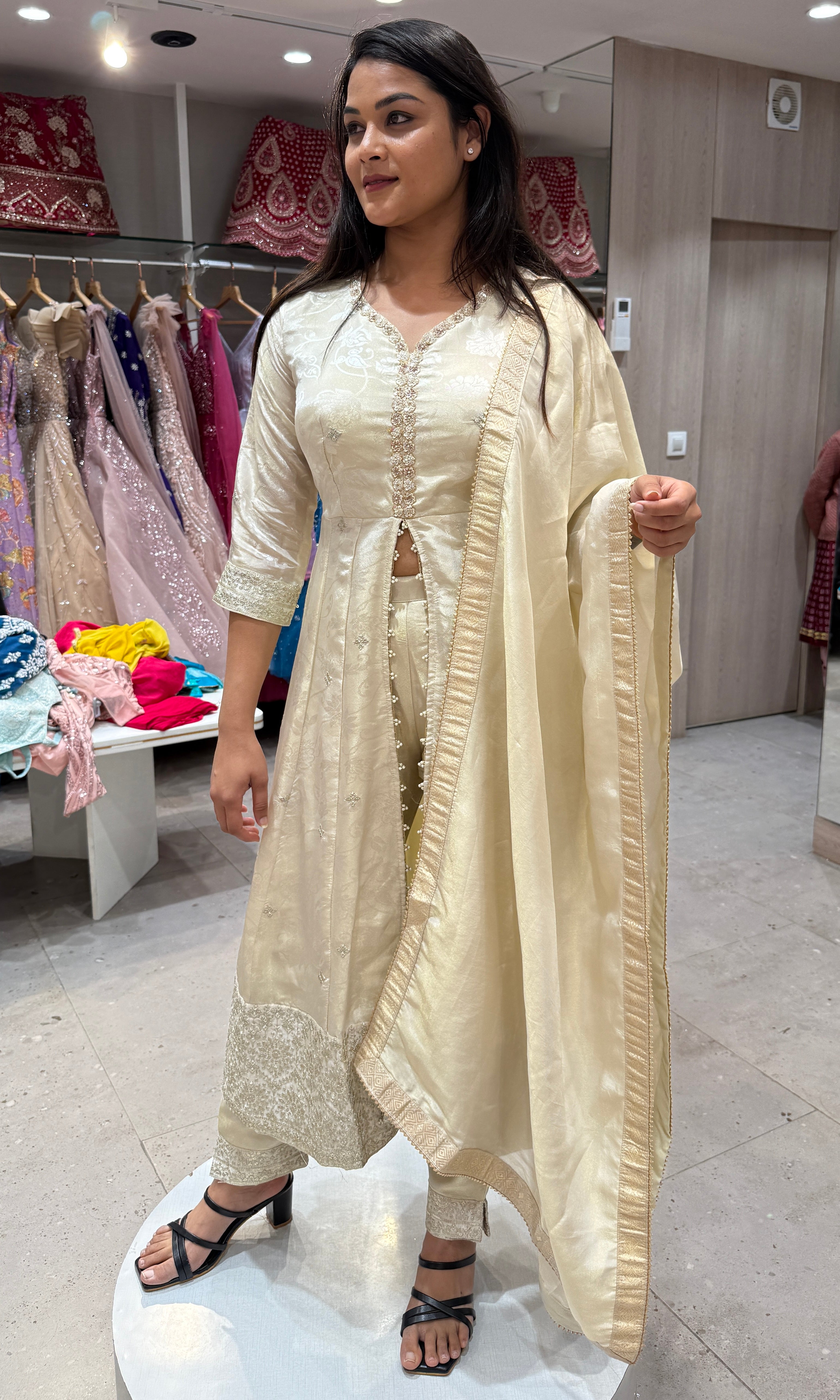White front slit Kurti set with straight pant