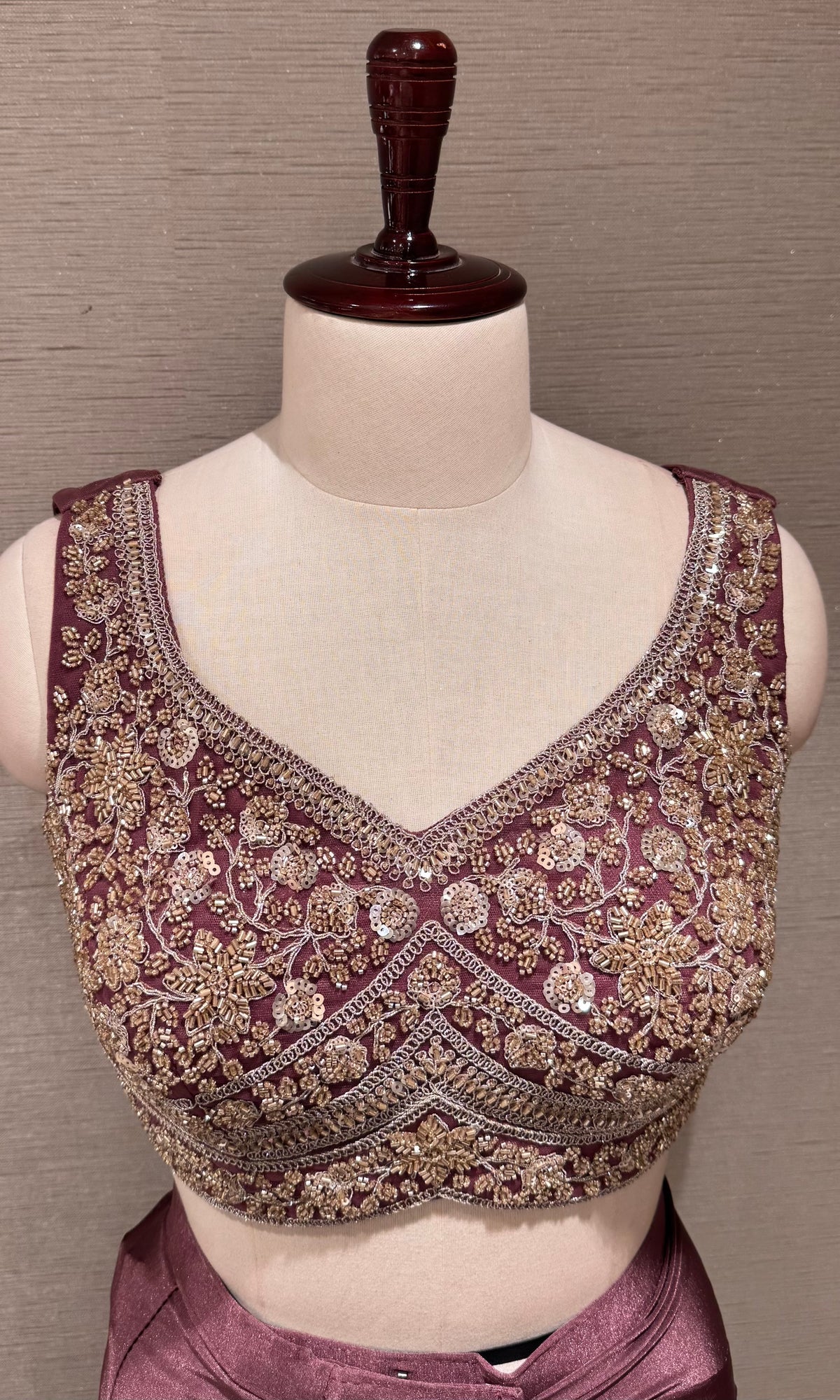 Wine Satin Drape Saree With embroidered blouse & belt