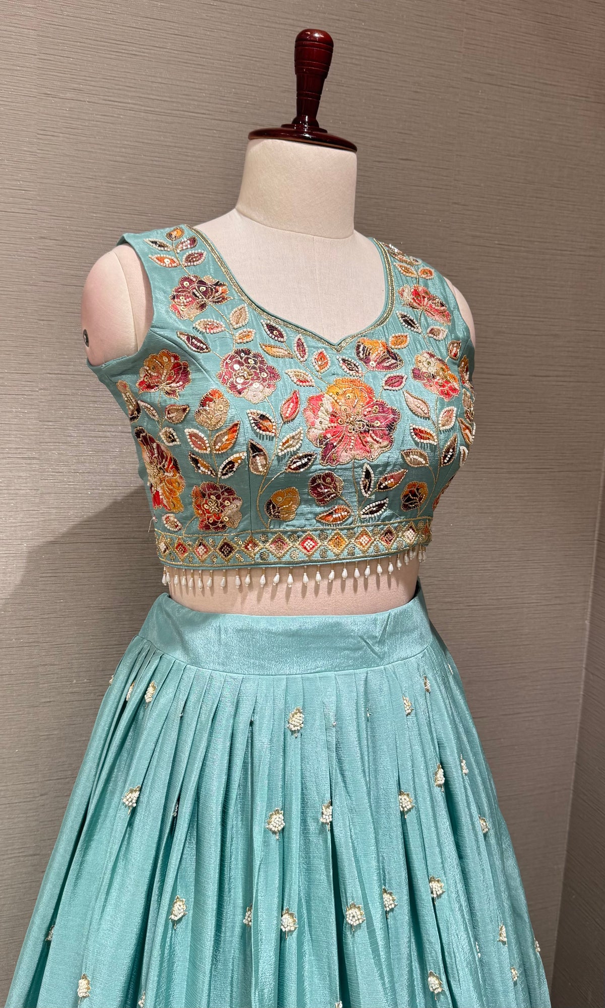 Sea blue Tissue silk Multi Floral Crop Top Lehenga set