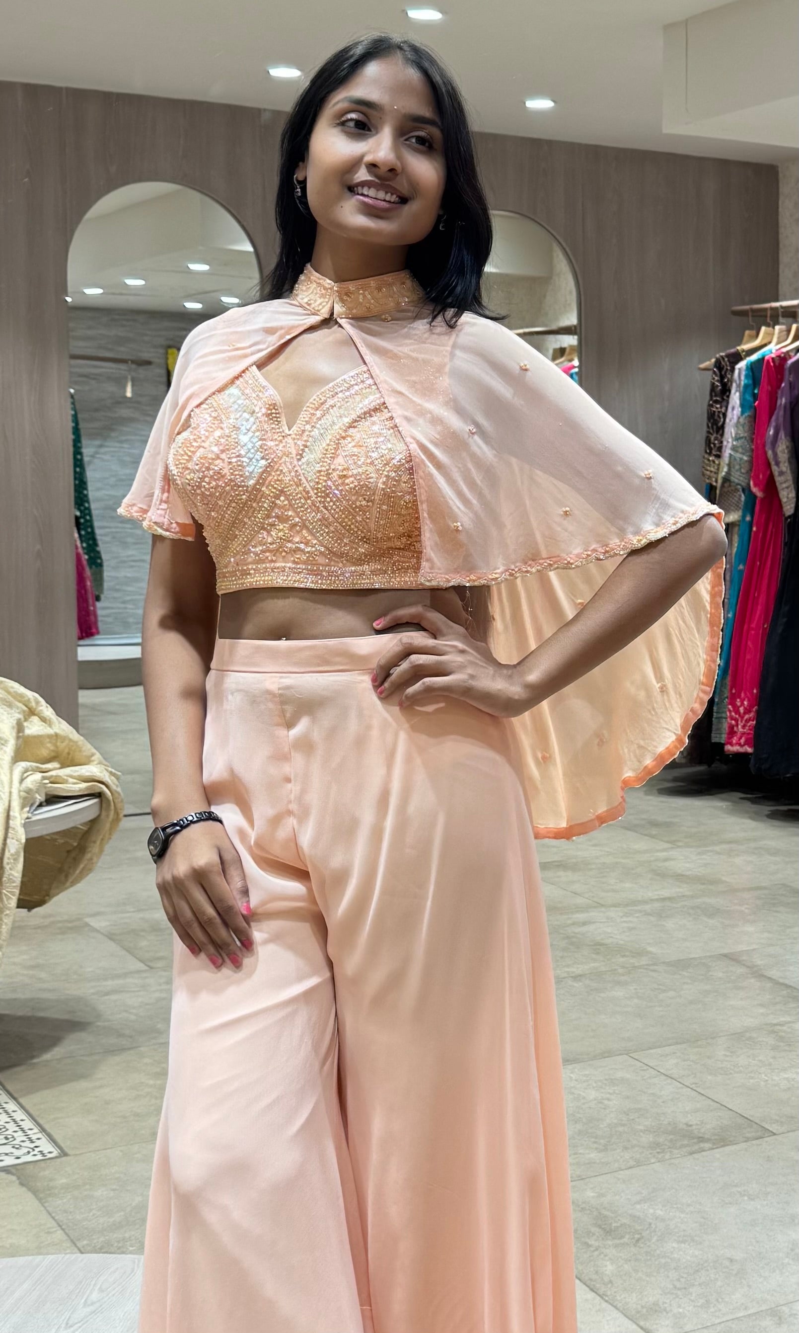 PEACH EMBROIDERED PALAZZO SET WITH CAPE