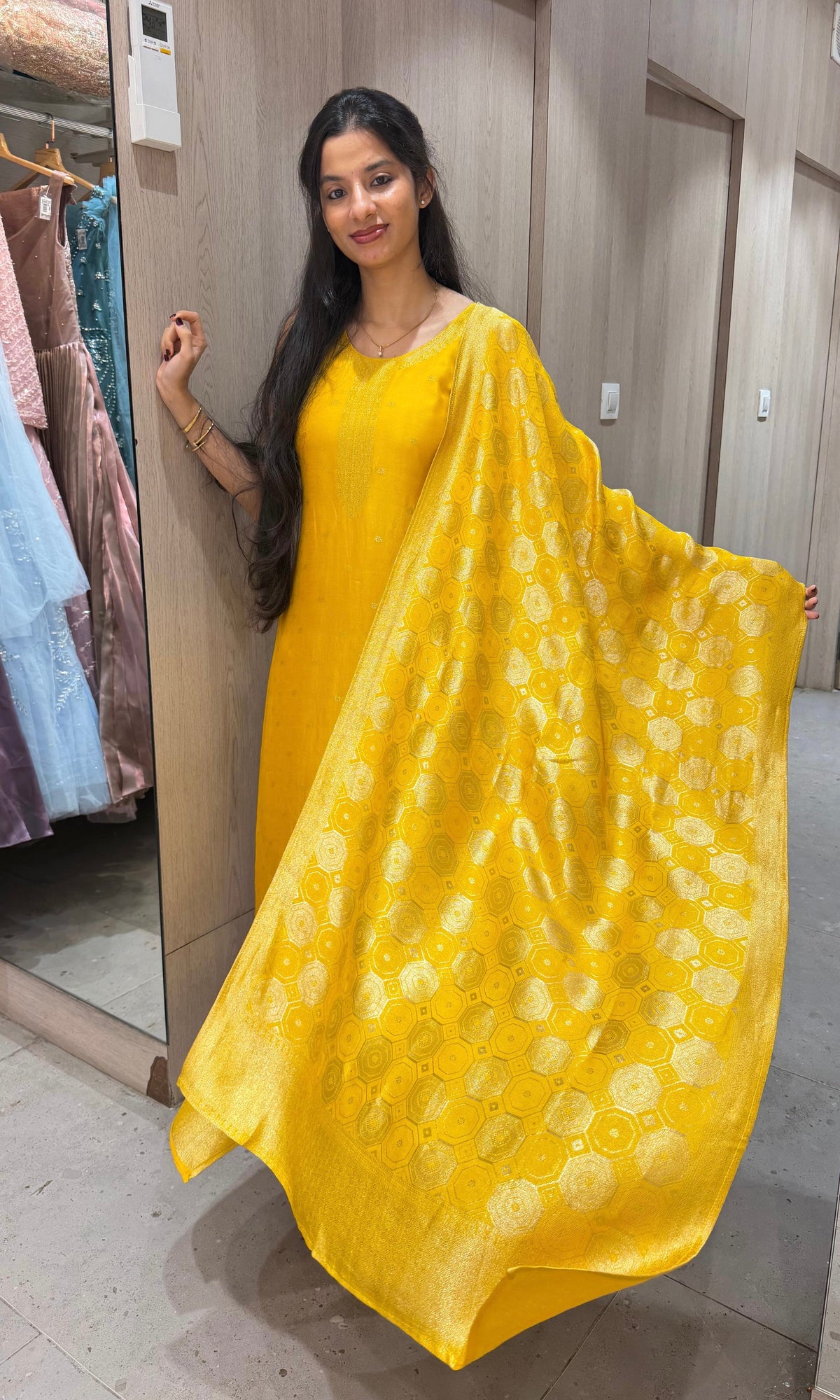 Yellow Banarasi silk Kurta Set with Patterned Dupatta