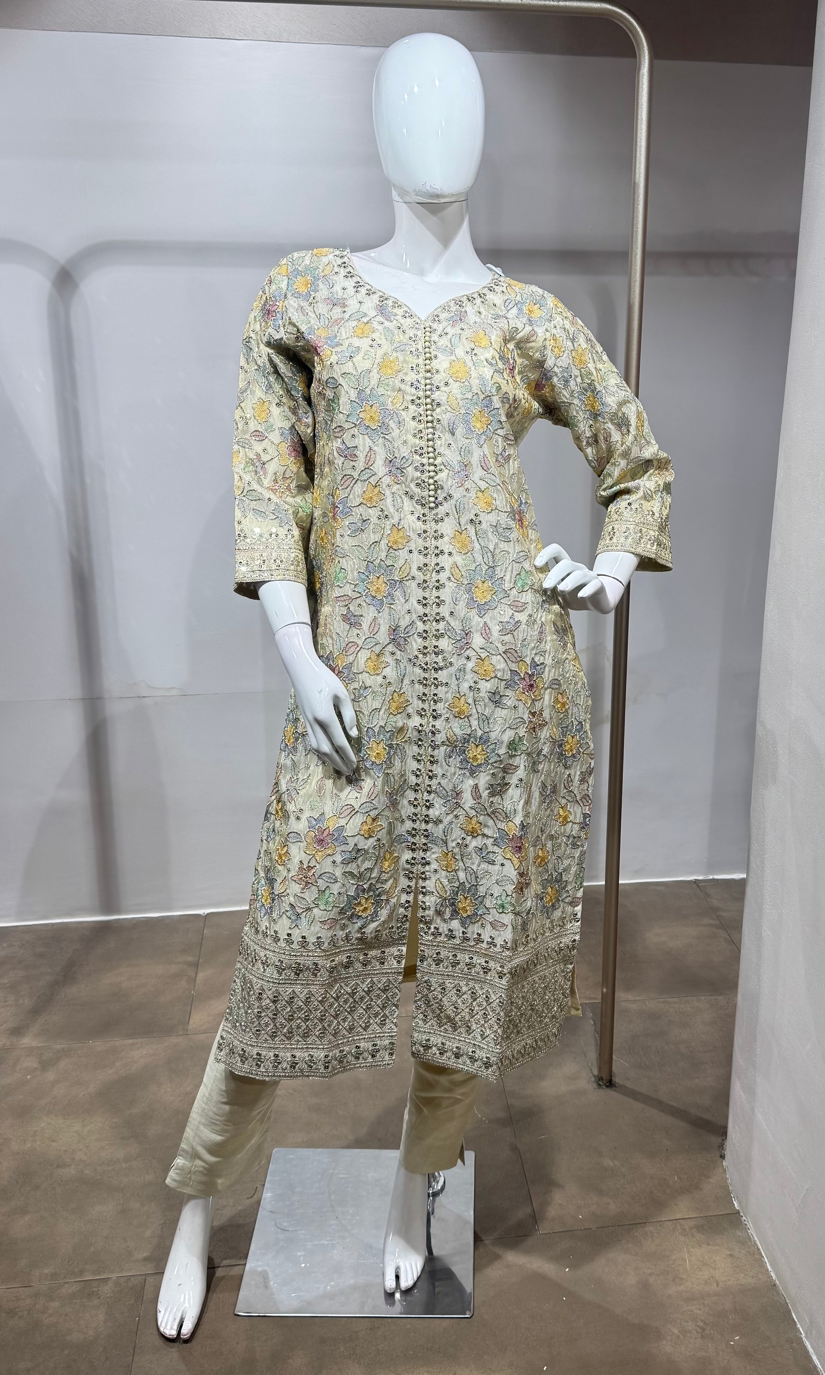Cream Embroidered Kurta Set with Dupatta