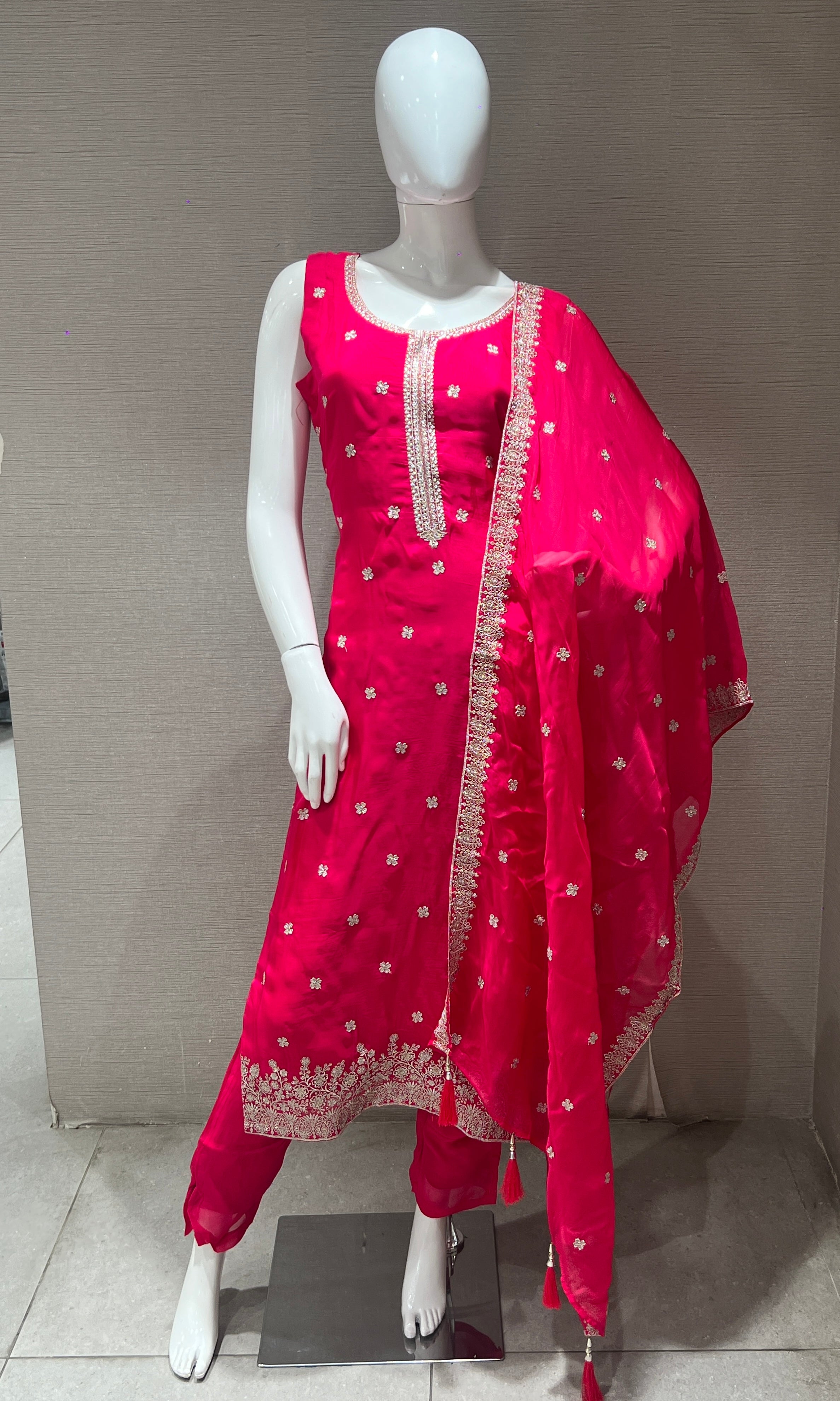 Fuchsia Pink Embroidered Kurta Set