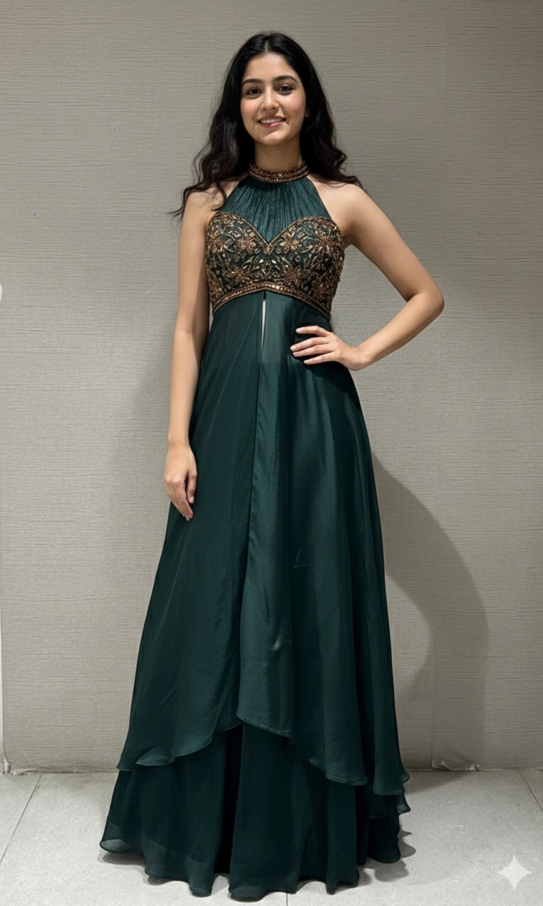 BOTTLE GREEN LONG ANARKALI DRESS