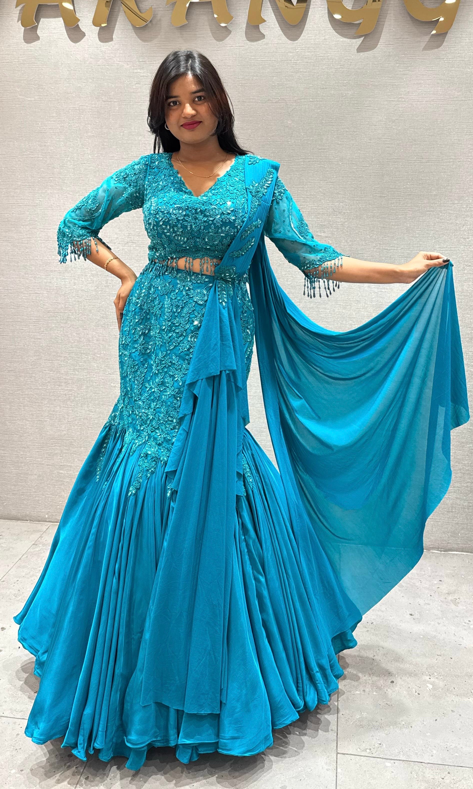 Rama Blue Embroidered Fish Cut Lehenga