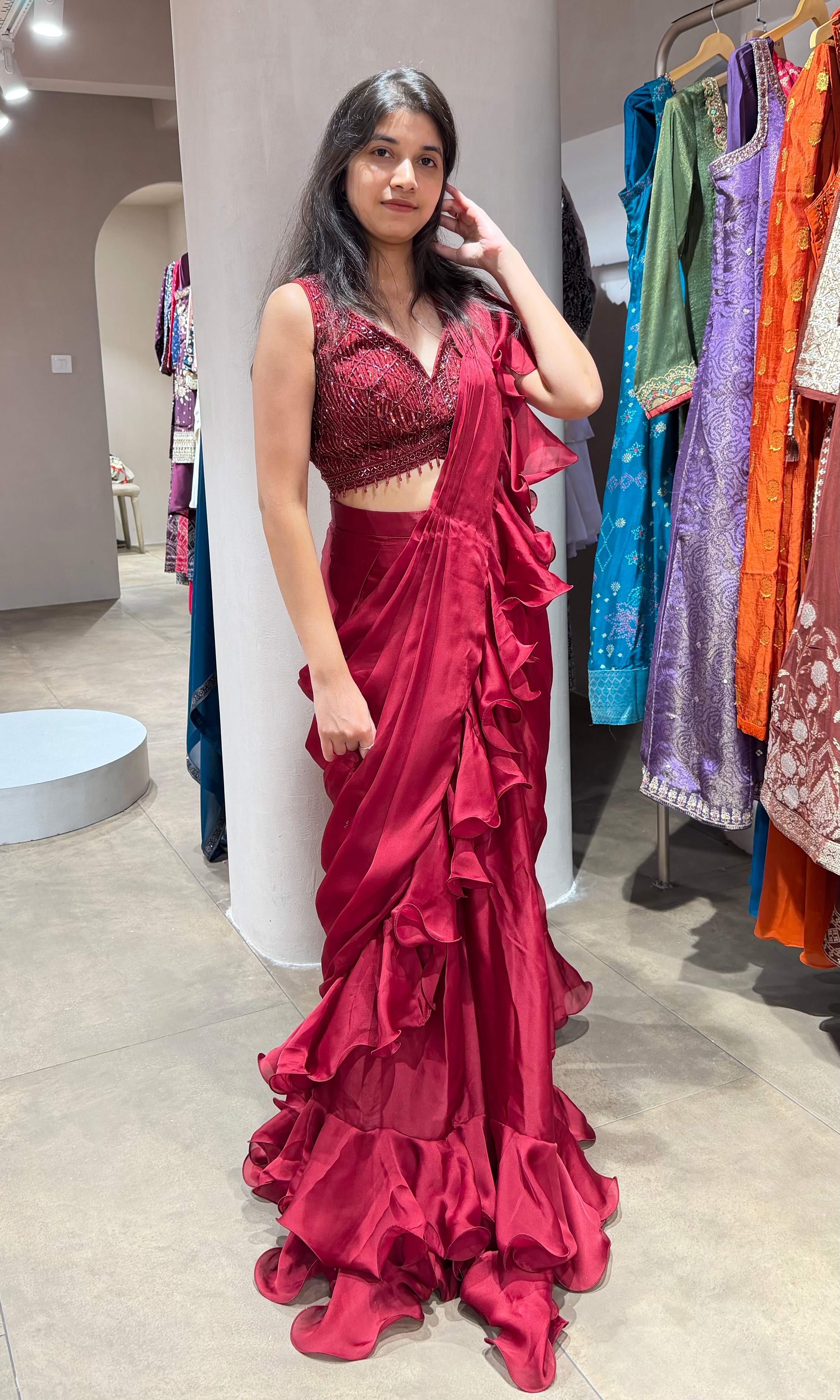 Maroon EMBELLISHED RUFFLE drape saree