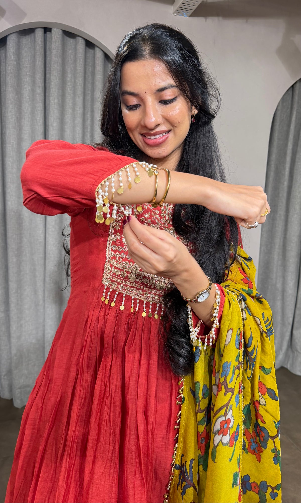 Red Mul Chanderi Kurta Set with Floral Mustard Dupatta