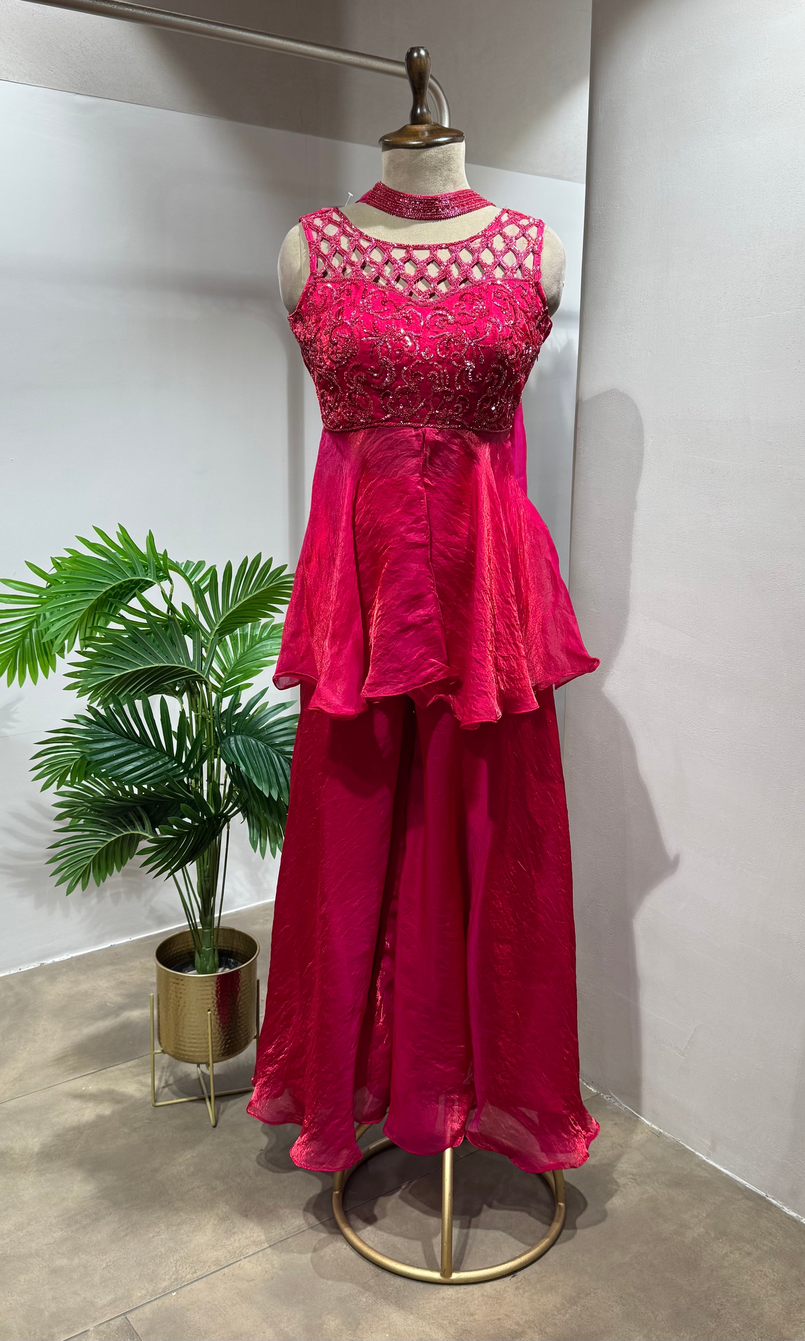 Pink georgette peplum Palazzo Set