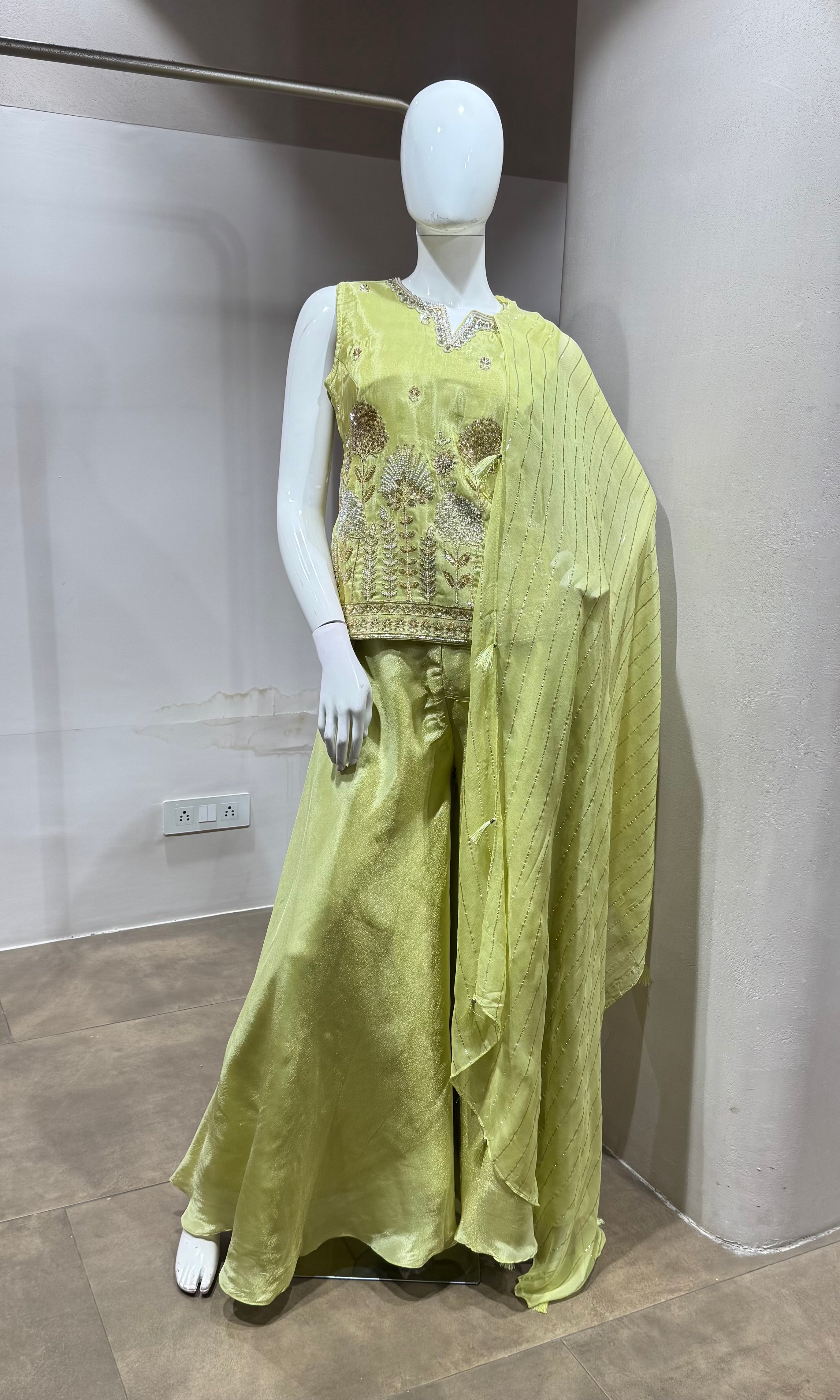 Pista green embroidered peplum palazzo set