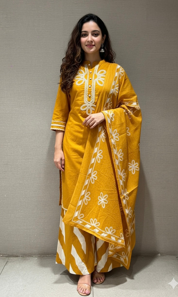 Mustard yellow FLORAL kurta set WITH PALAZZO PANTS