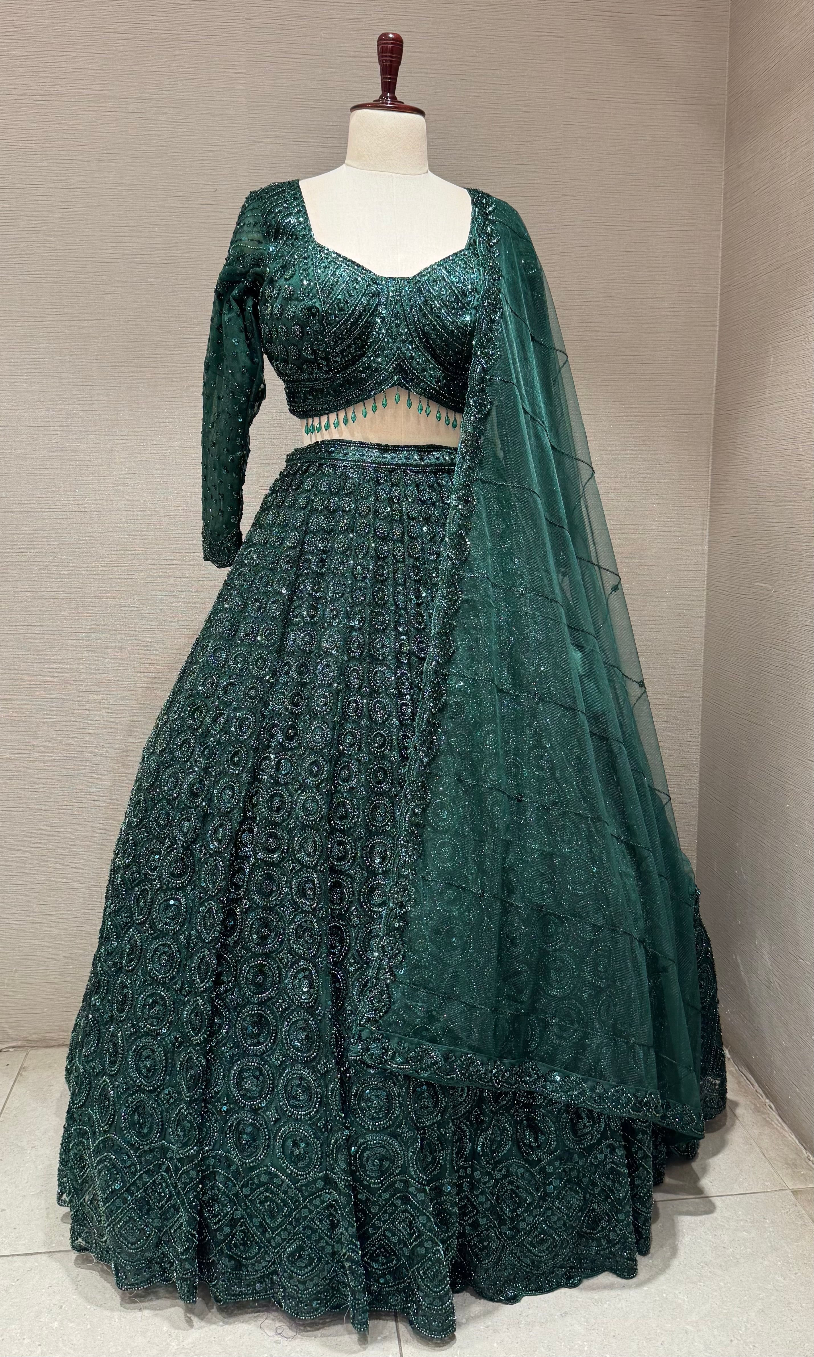 Green Sequins and Beads Heavy Embroidered Lehenga