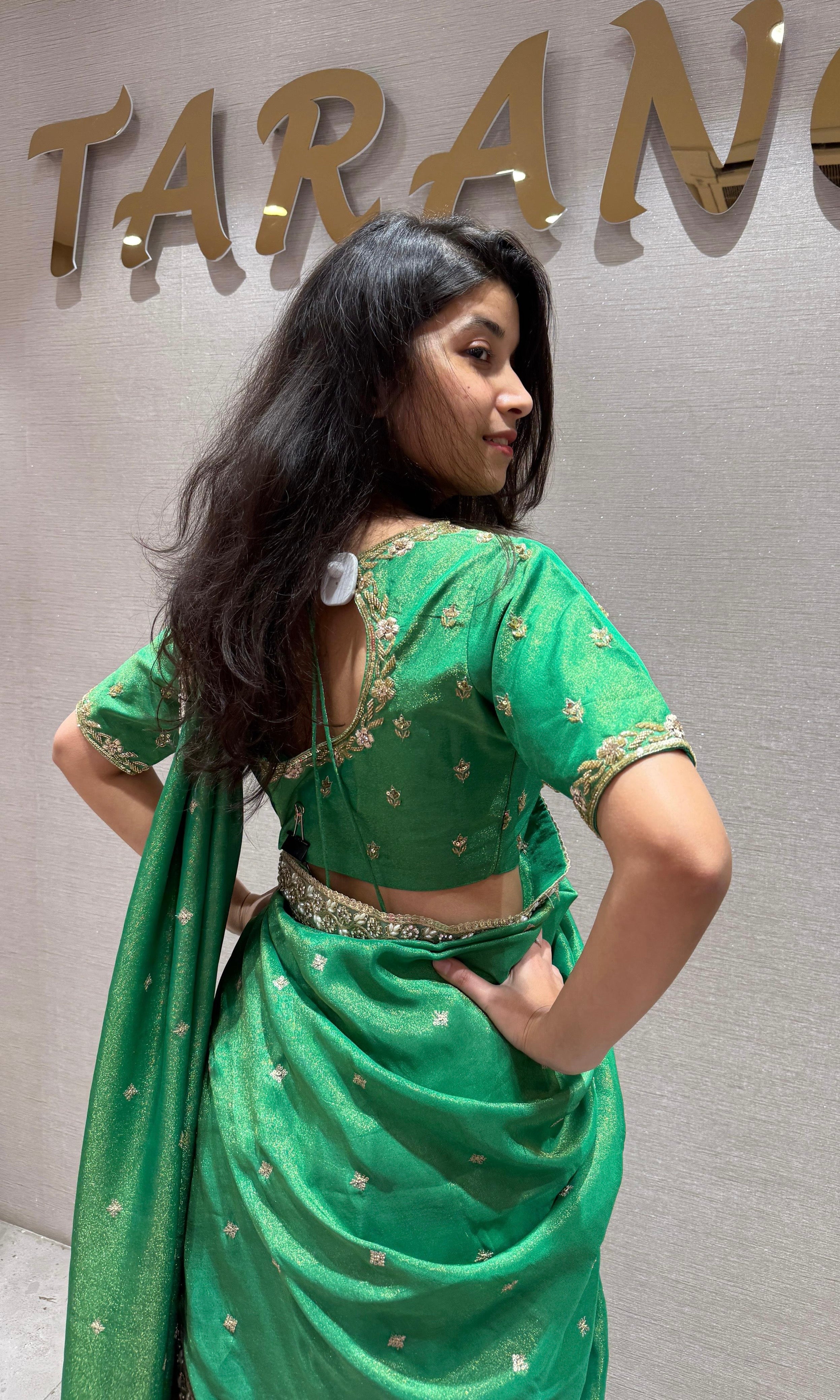 Green orange silk pattu Lehenga