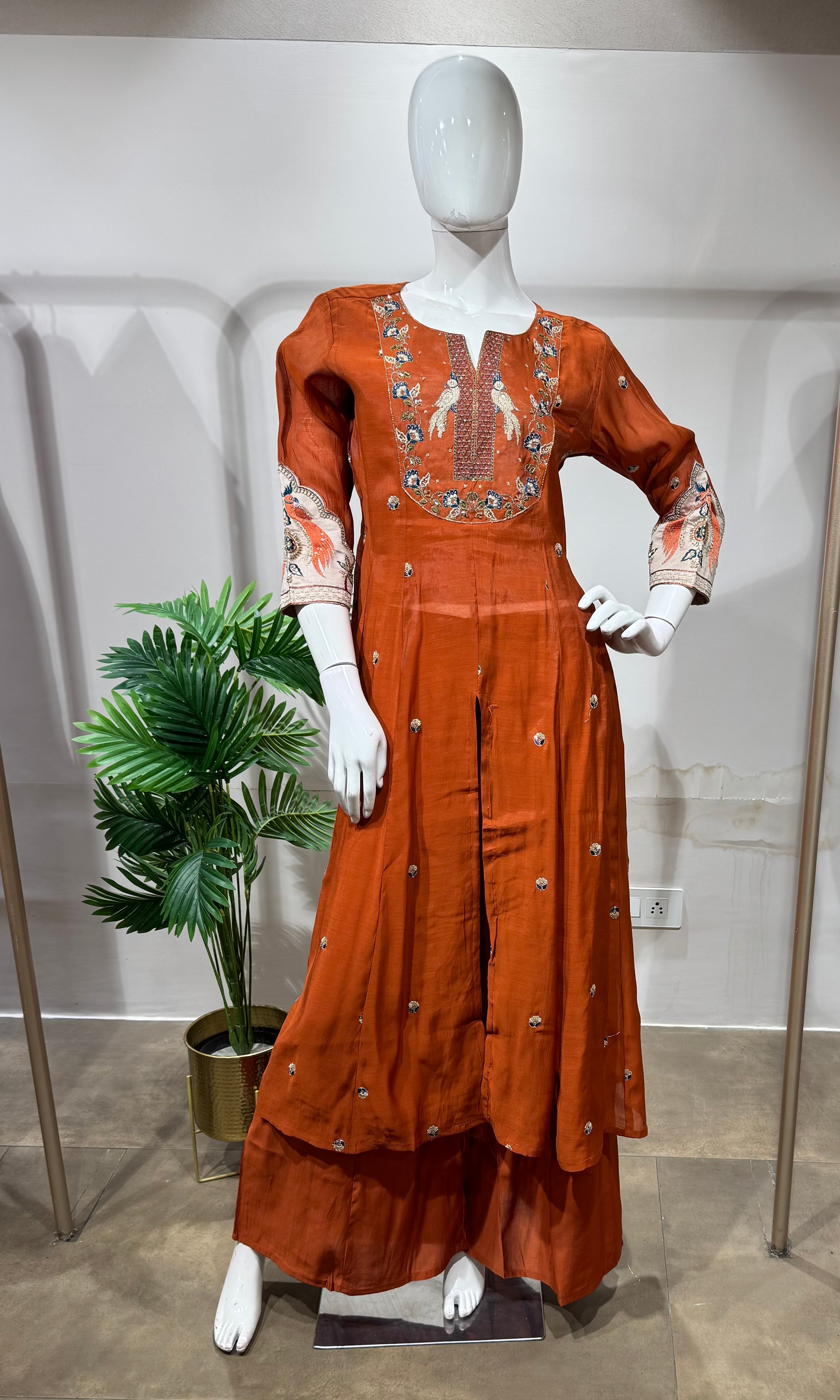 Rust embroidered Anarkali with palazzo pants