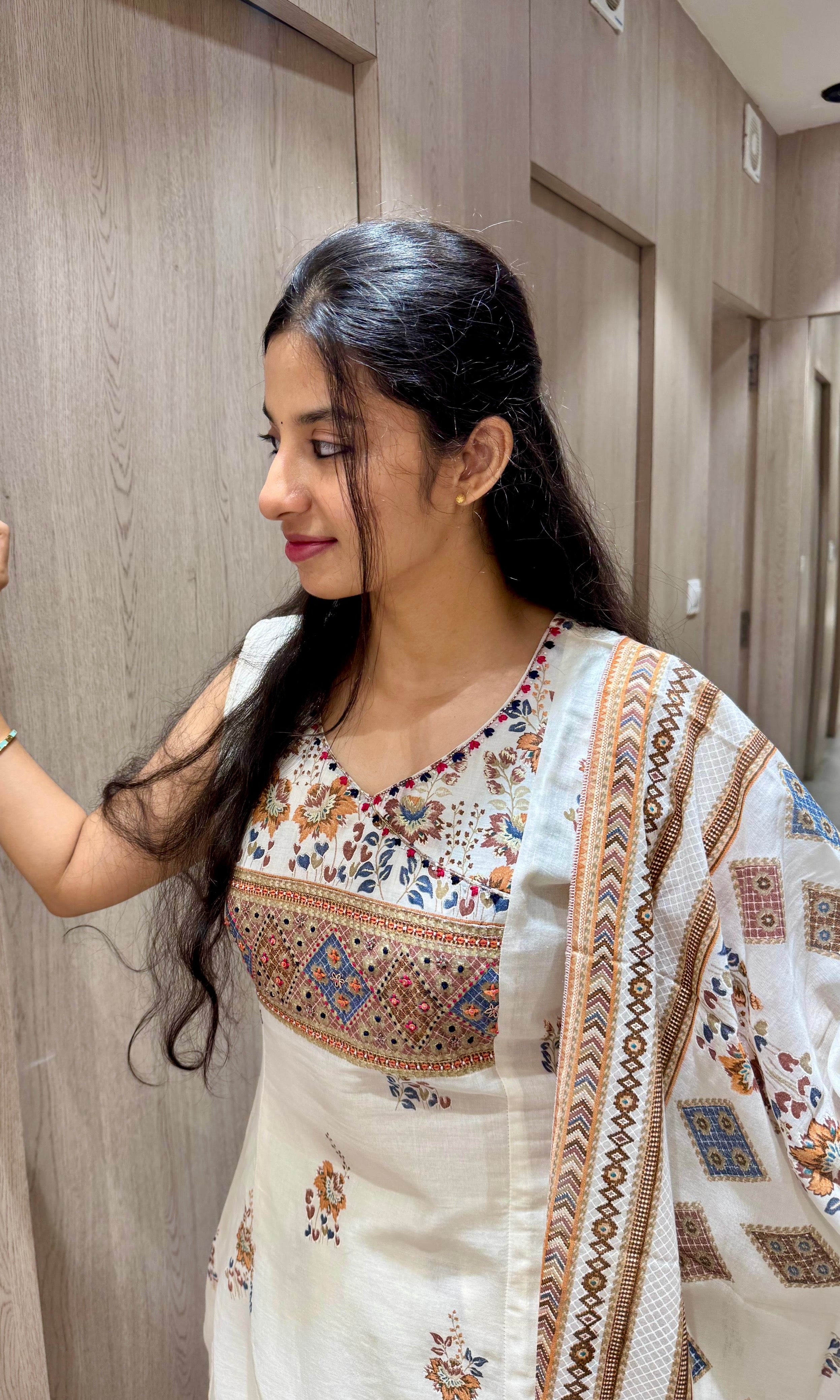 Off-White Block Print Cotton Anarkali with Pant & Dupatta (k222)