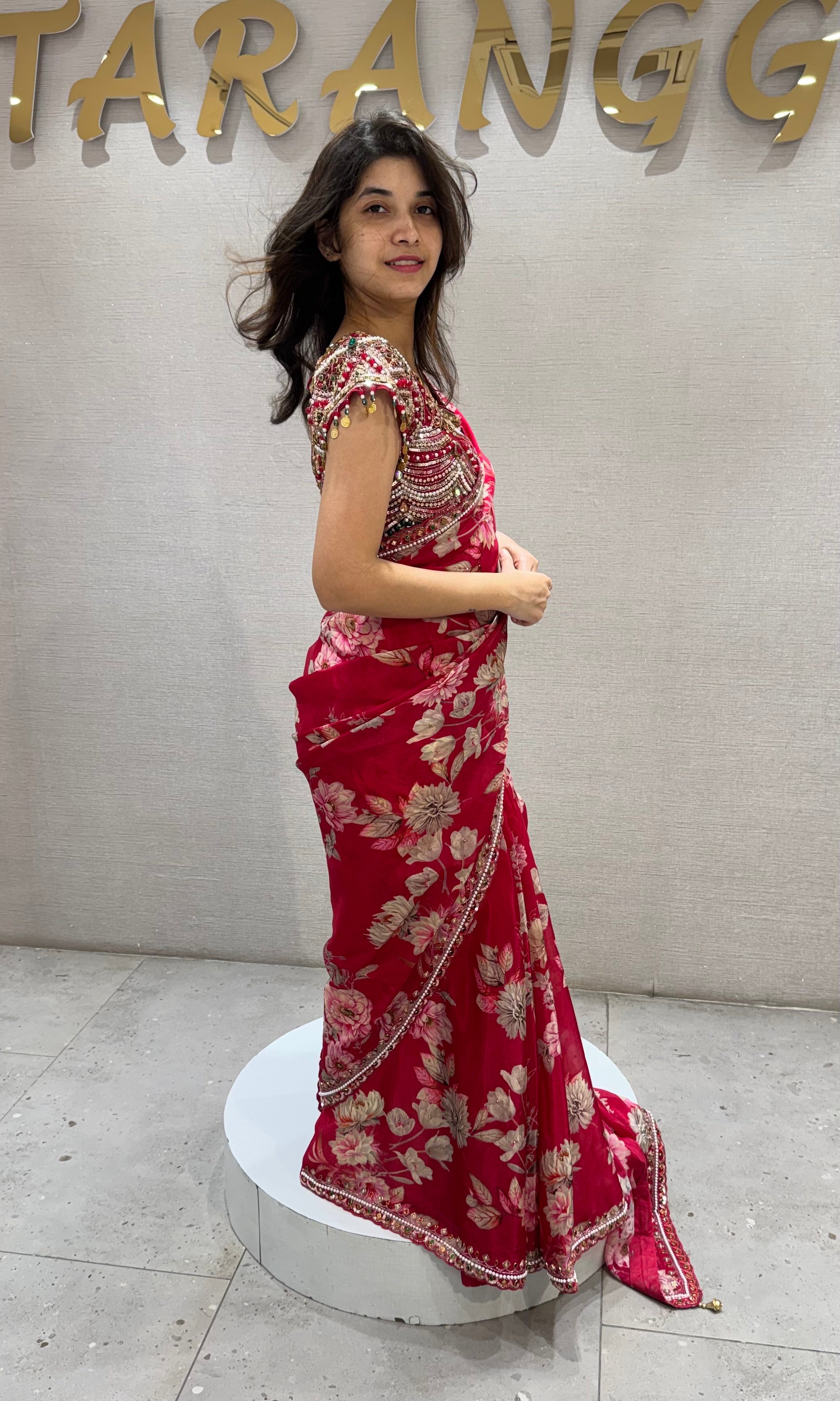 Rani Pink Crimson Bloom Georgette Saree