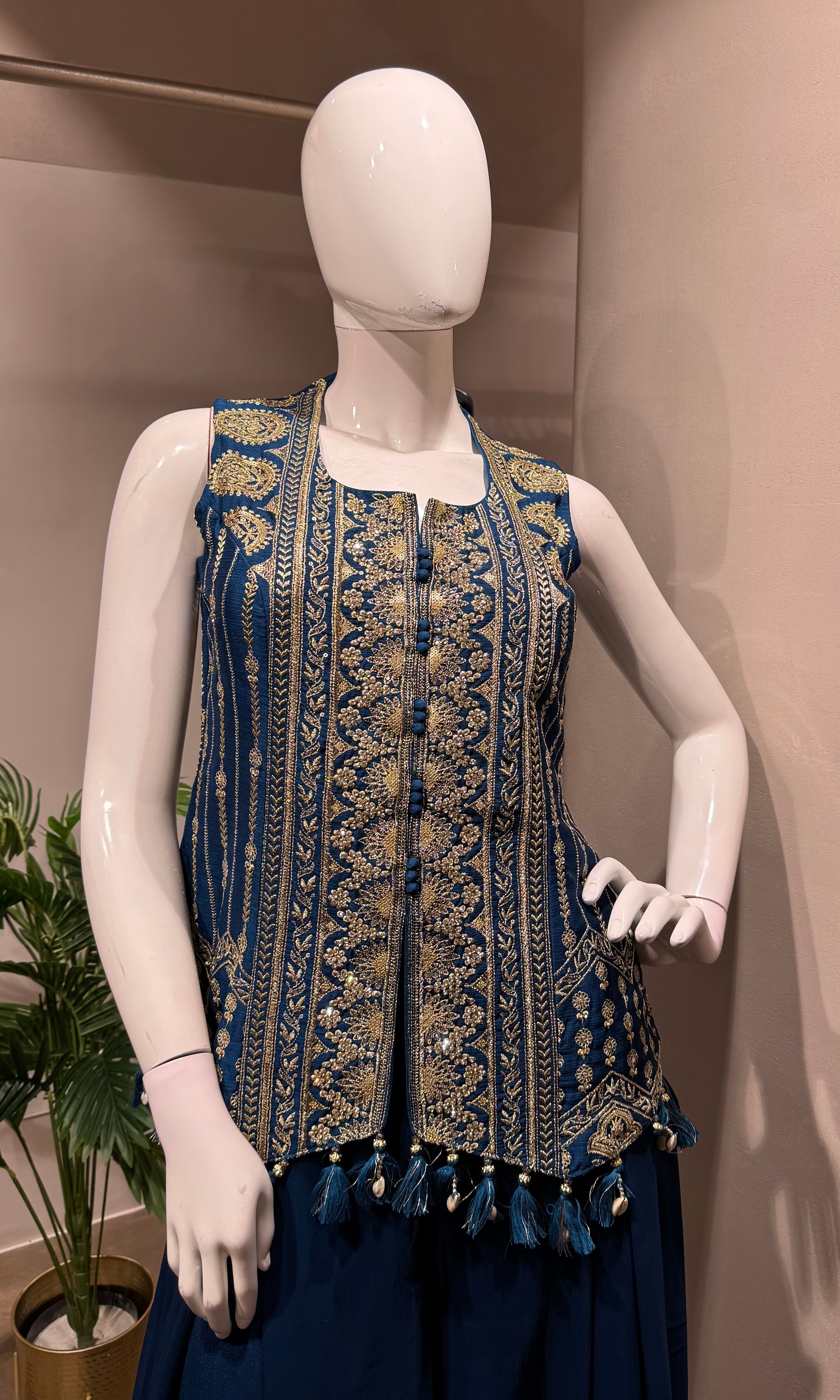 BLUE golden embroidery peplum palazzo set