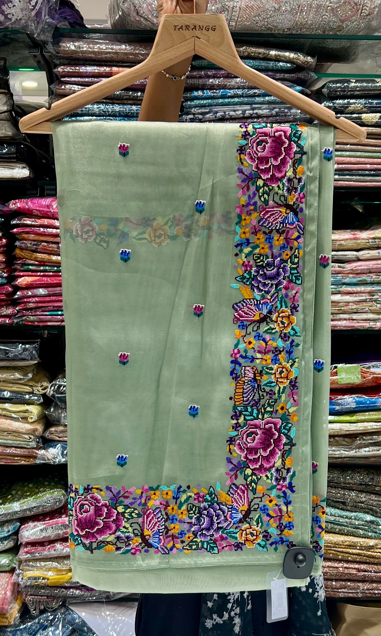 Pista Green Floral Embroidered Saree
