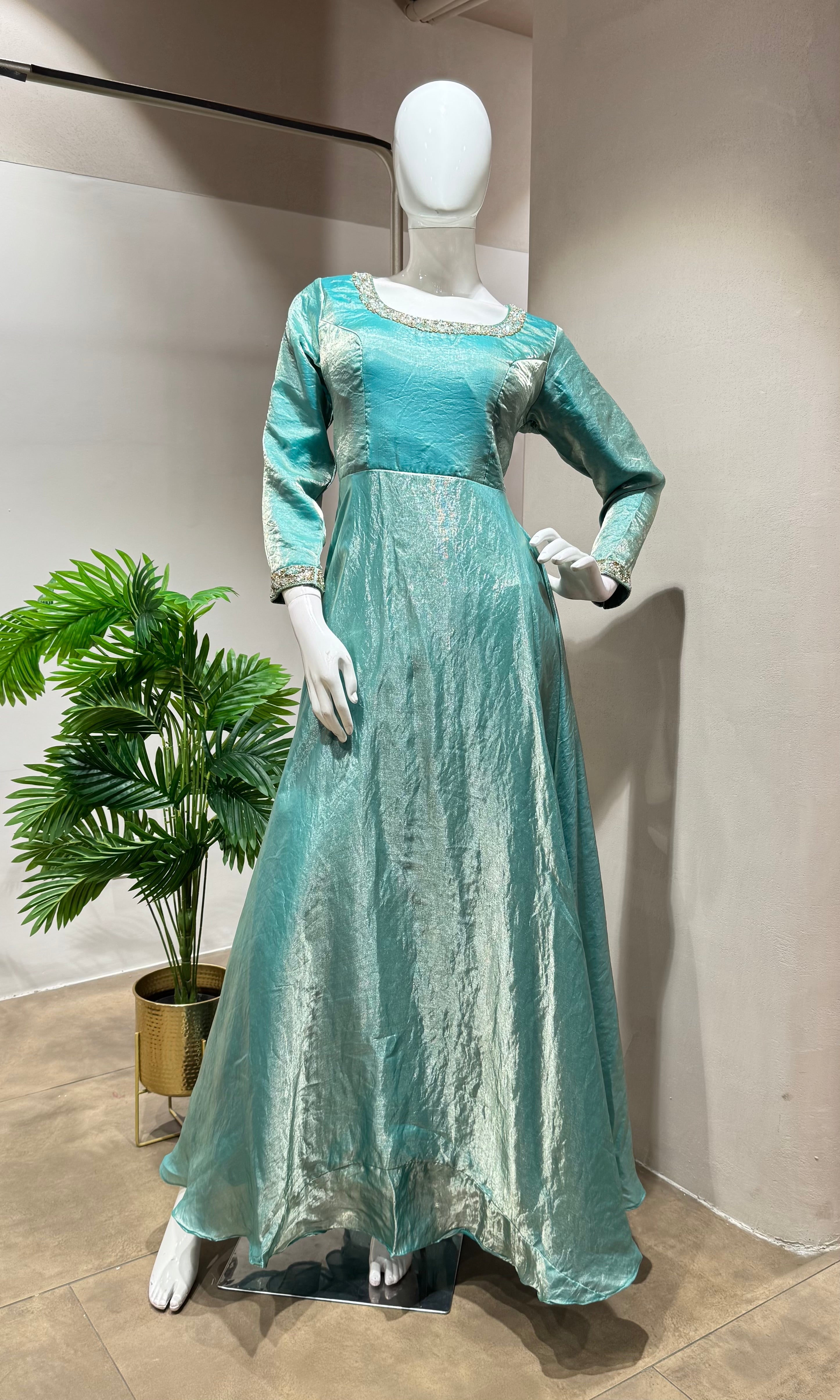 SEA GREEN TISSUE CRYSTAL WORK ANARKALI