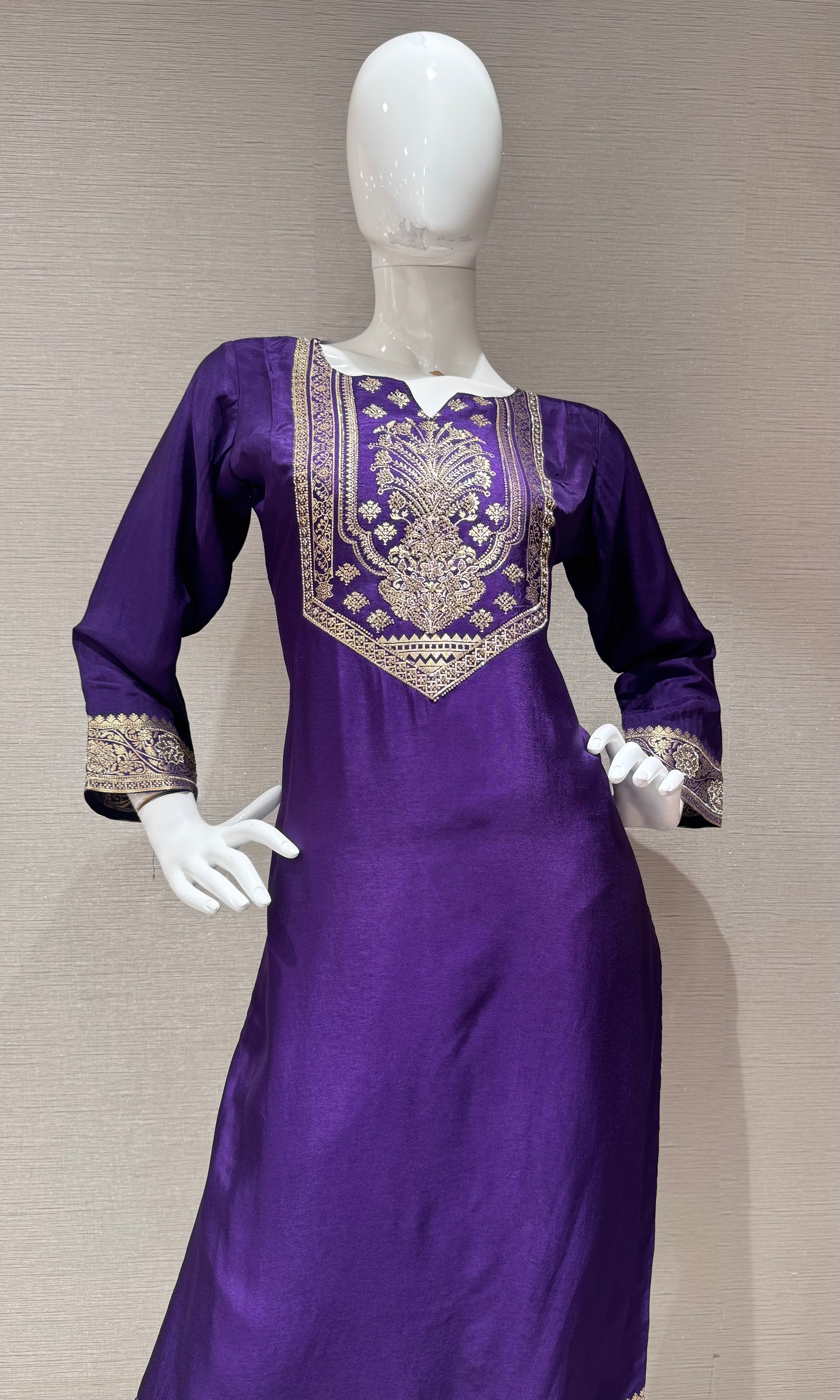 Purple Silk Embroidered Kurta Set with Banarasi Dupatta