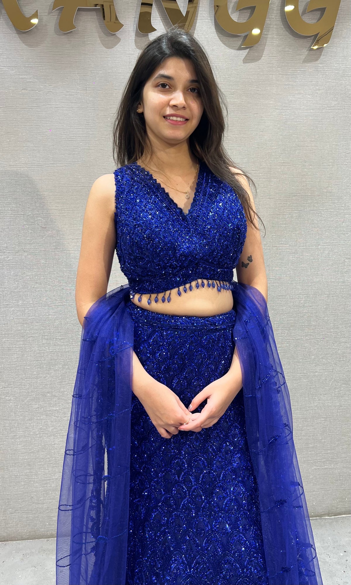 Royal Blue Sequined fish cut Lehenga Set with net dupatta