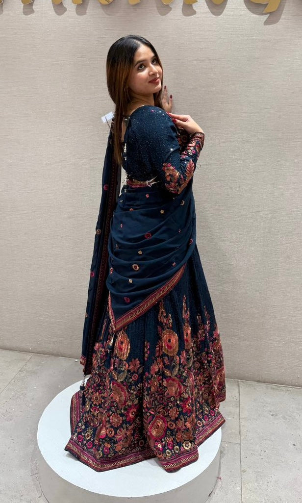 Teal blue floral sequins Lehenga