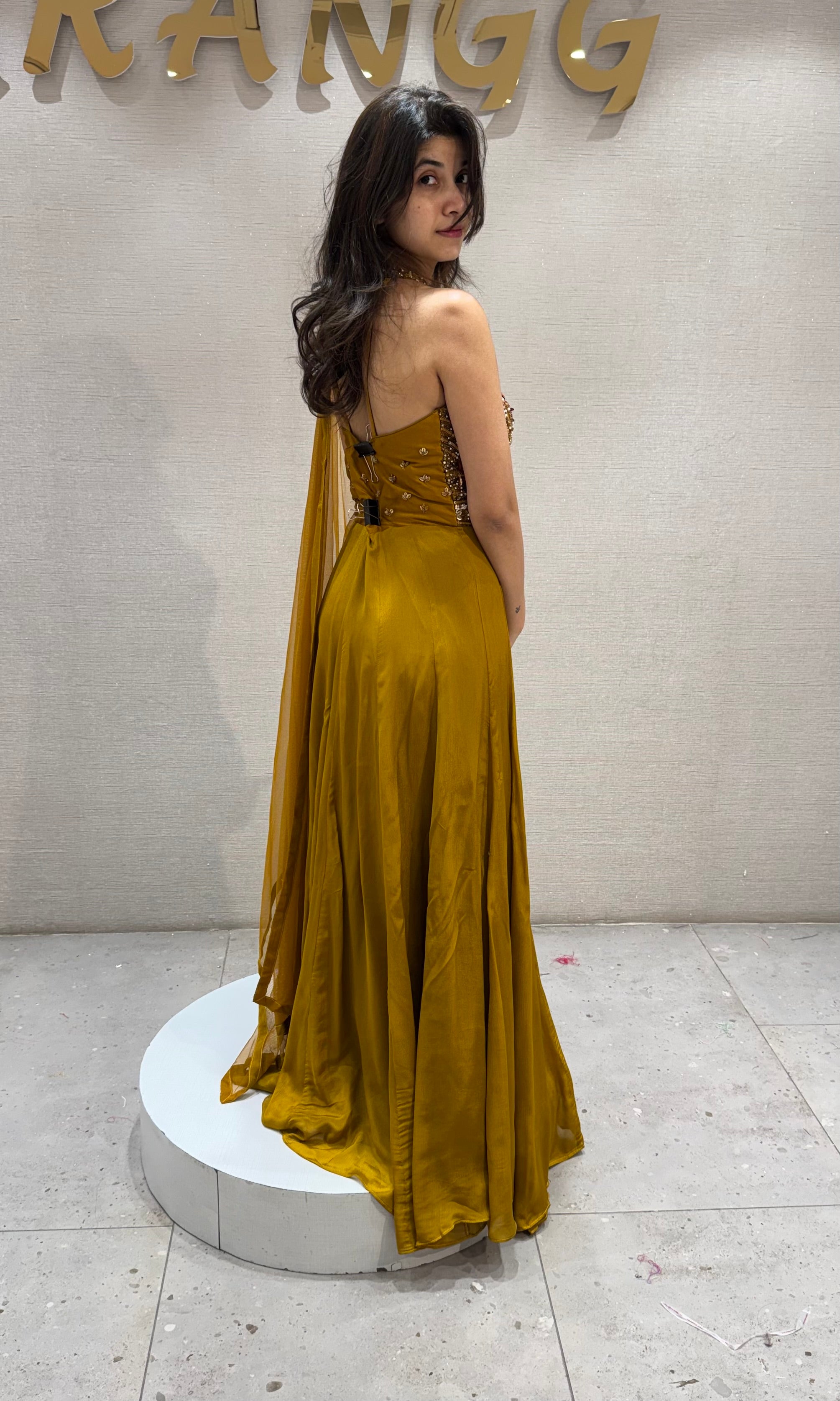 Mustard Georgette with Cutdana Embroidery Frock