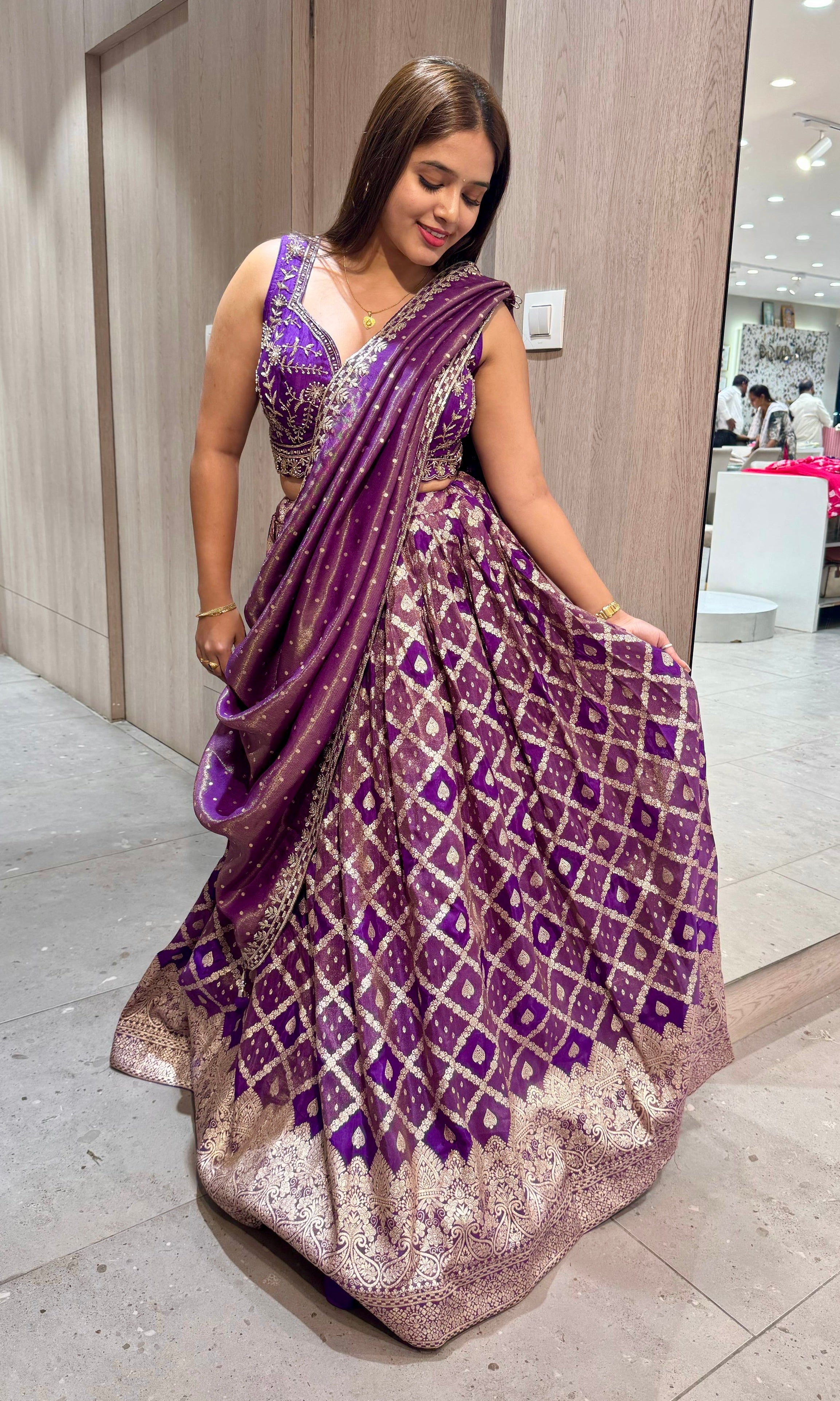 Purple shimmer Banarasi croptop Lehenga