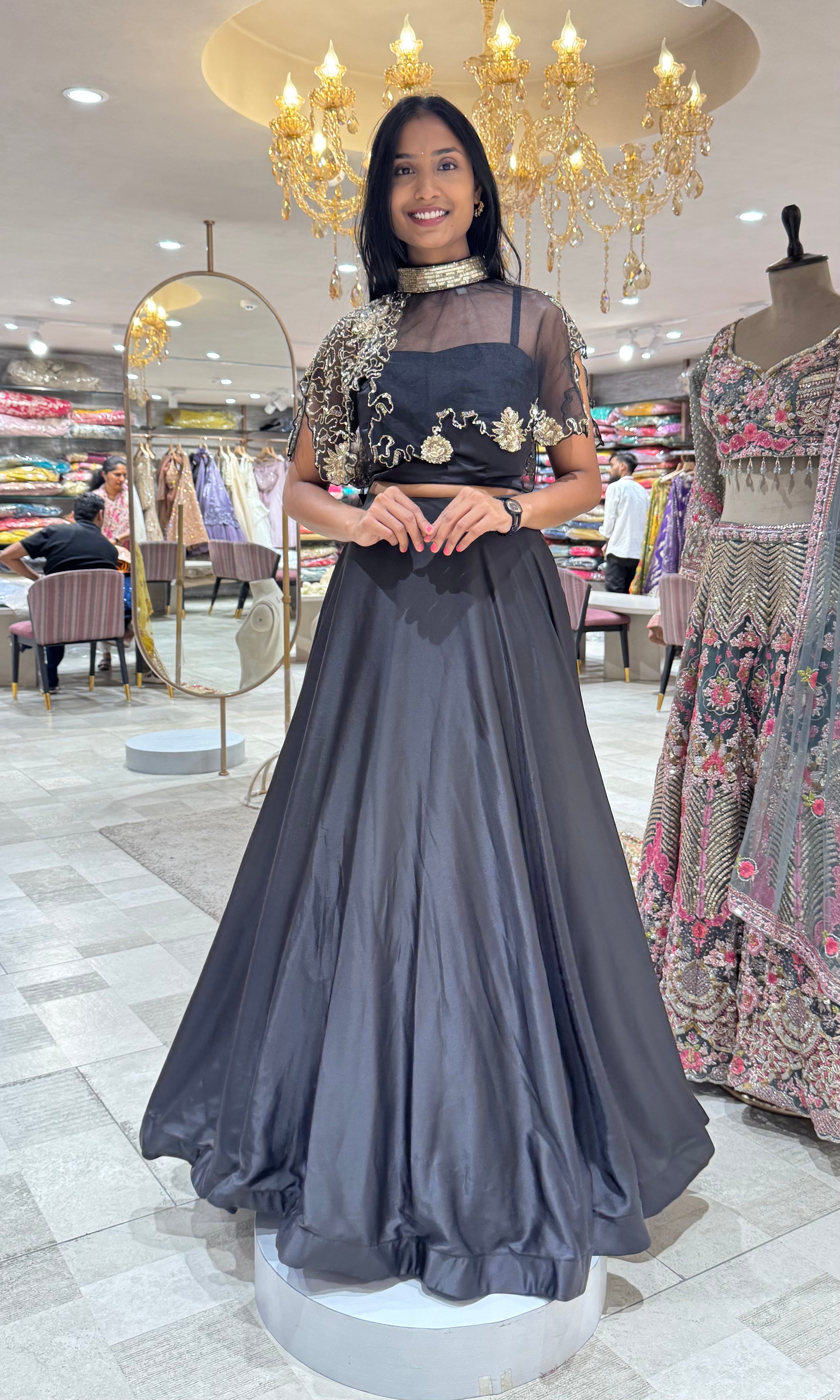 BLACK GOLDEN EMBROIDERED CROP TOP LEHENGA