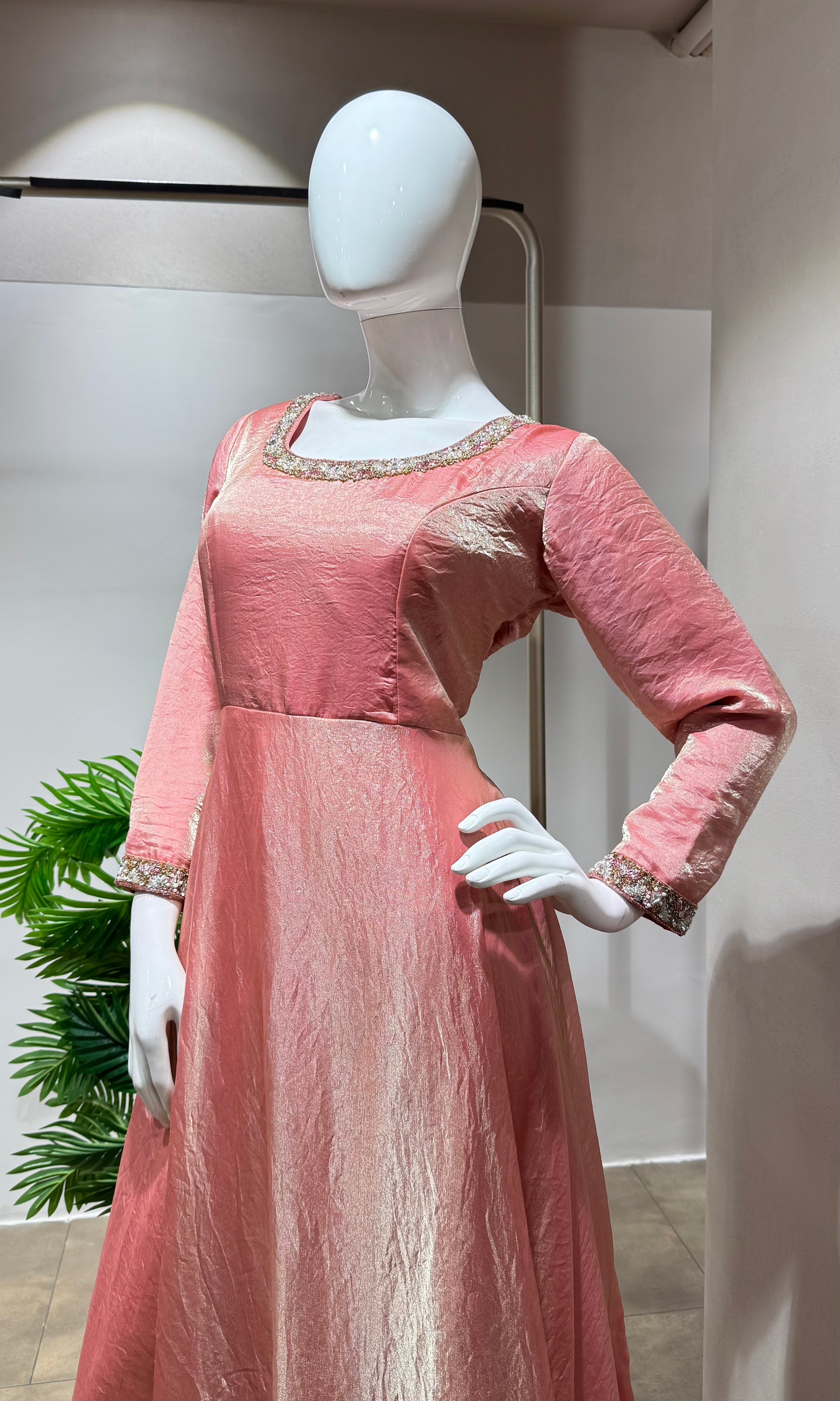 BABY PINK TISSUE CRYSTAL WORK ANARKALI