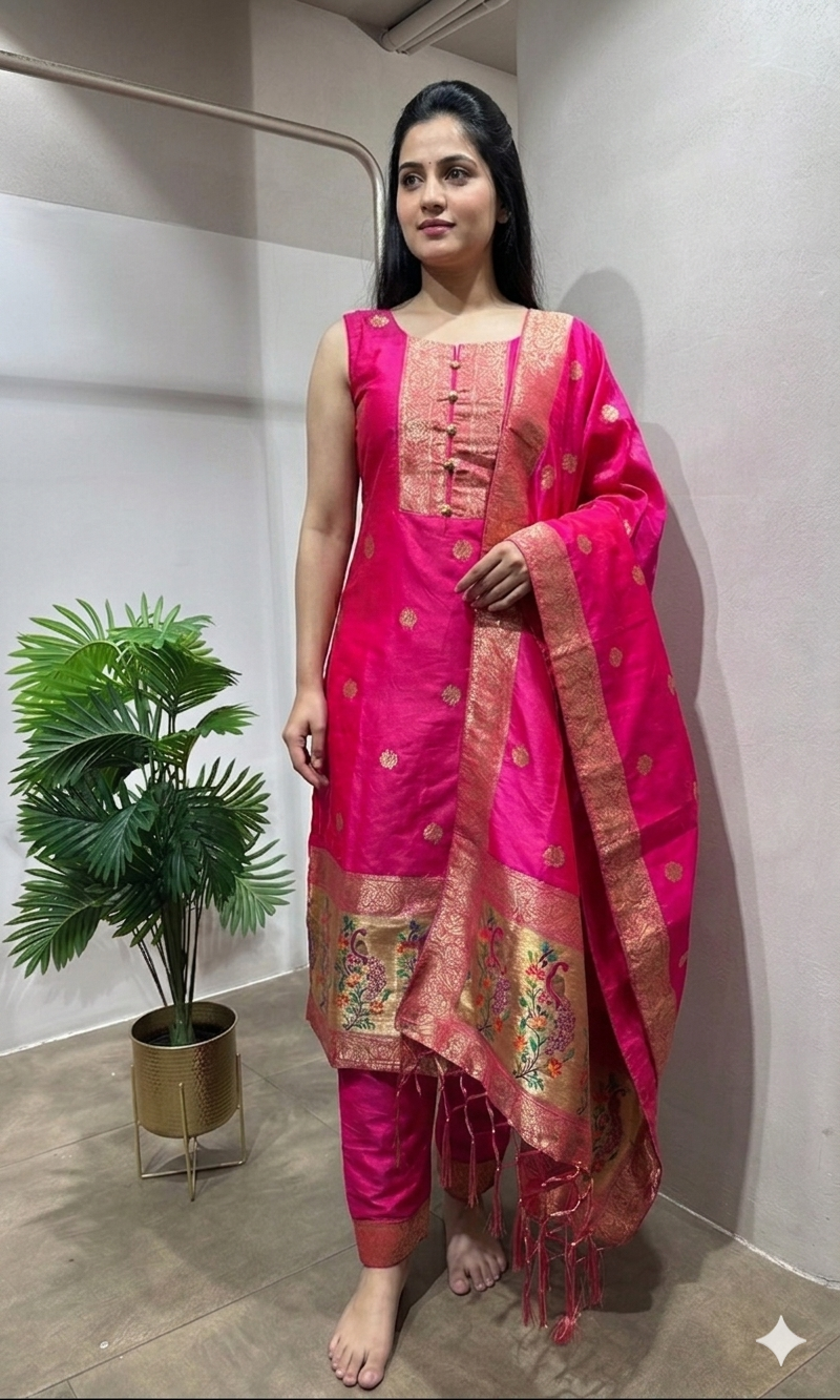 Rani Pink Banarasi Silk Kurta Set
