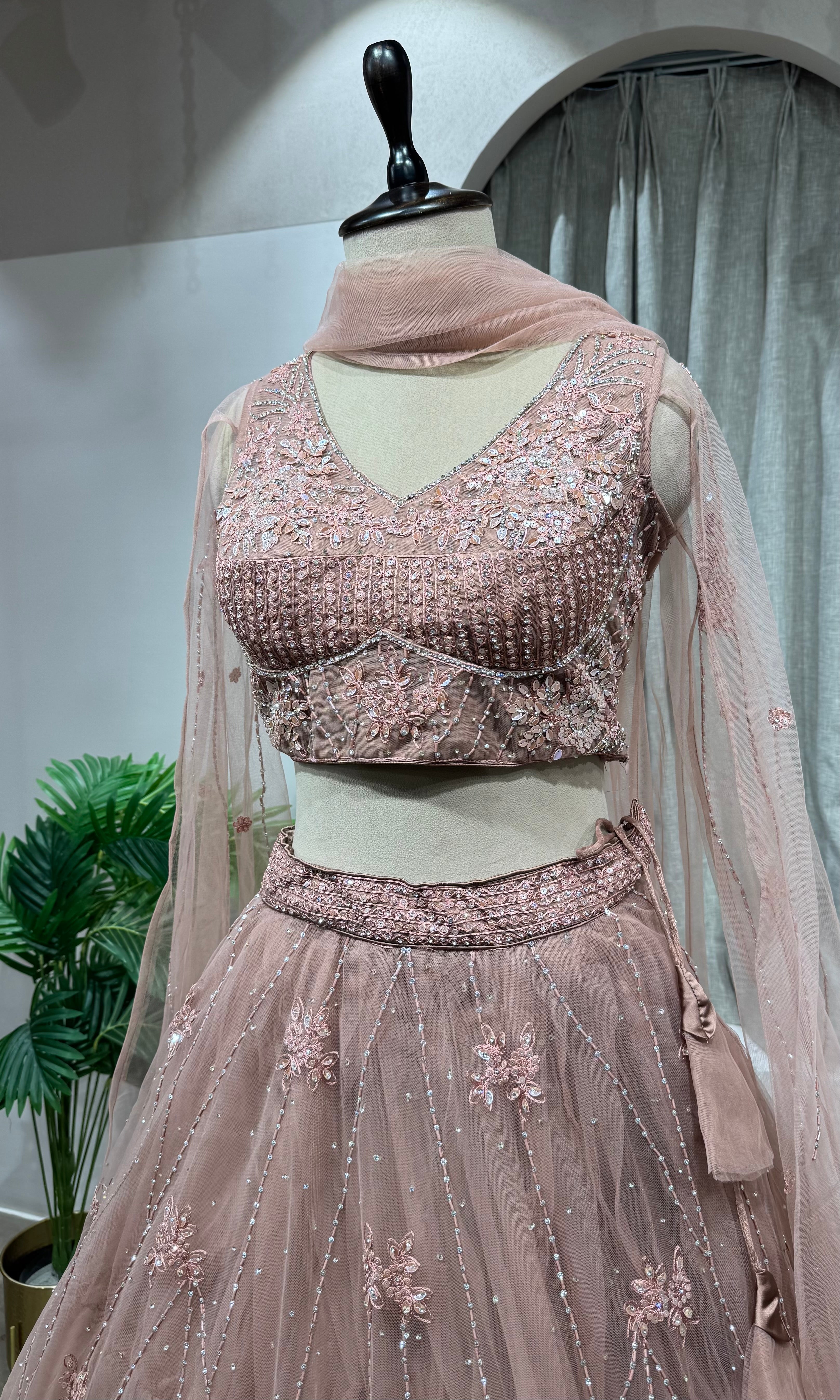 BROWN FLORAL EMBROIDERED NETTED CROP TOP LEHENGA