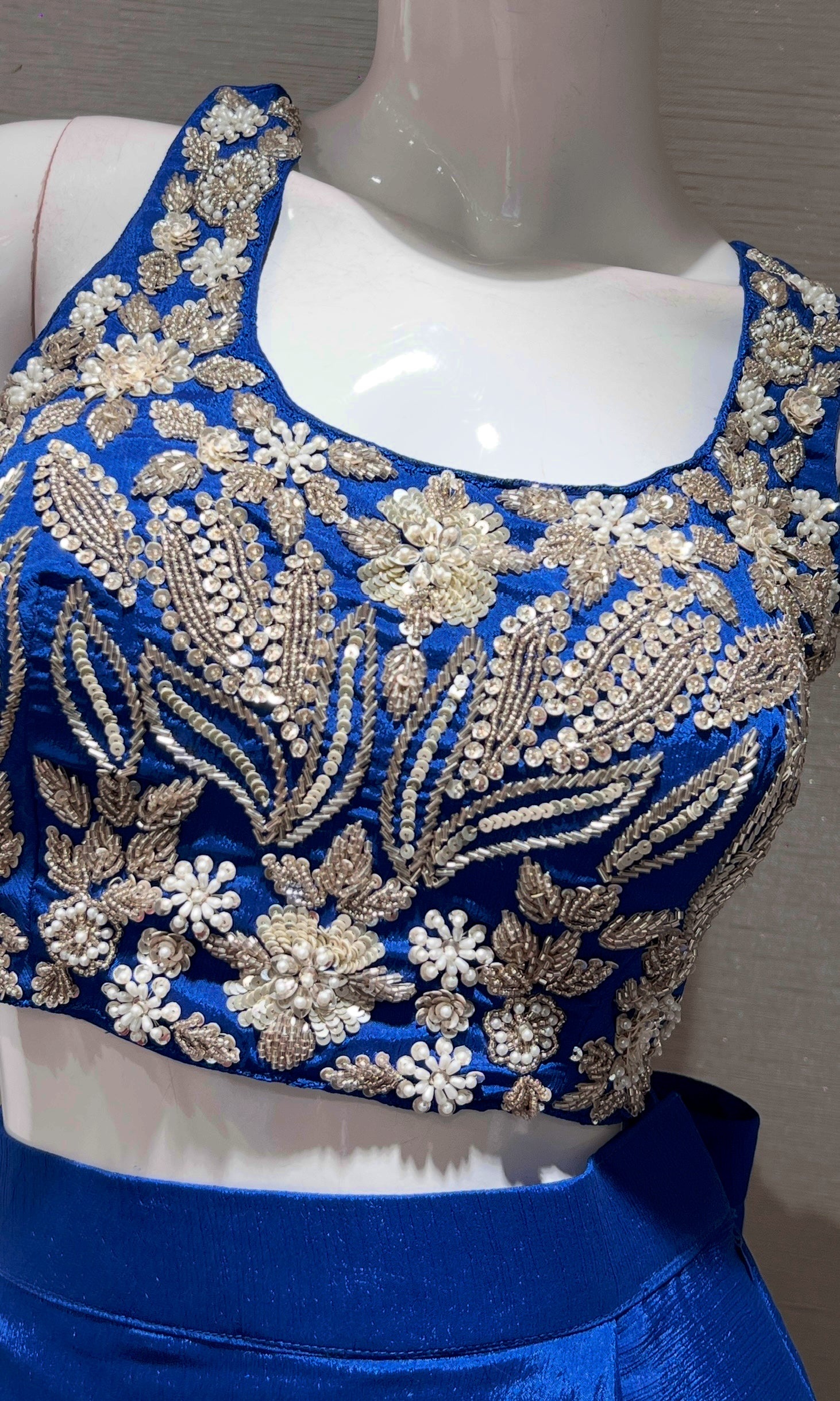 blue EMBROIDERED BLOUSE WITH draped skirt & CAPE