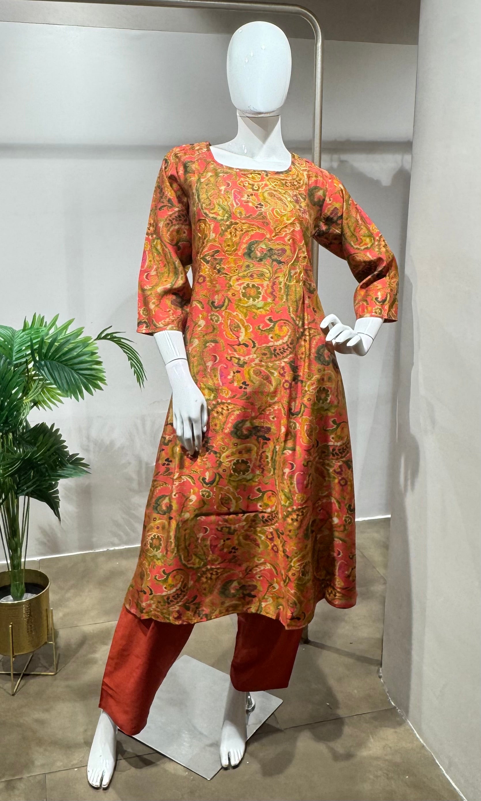 Rust floral printed A-line kurti with bottom
