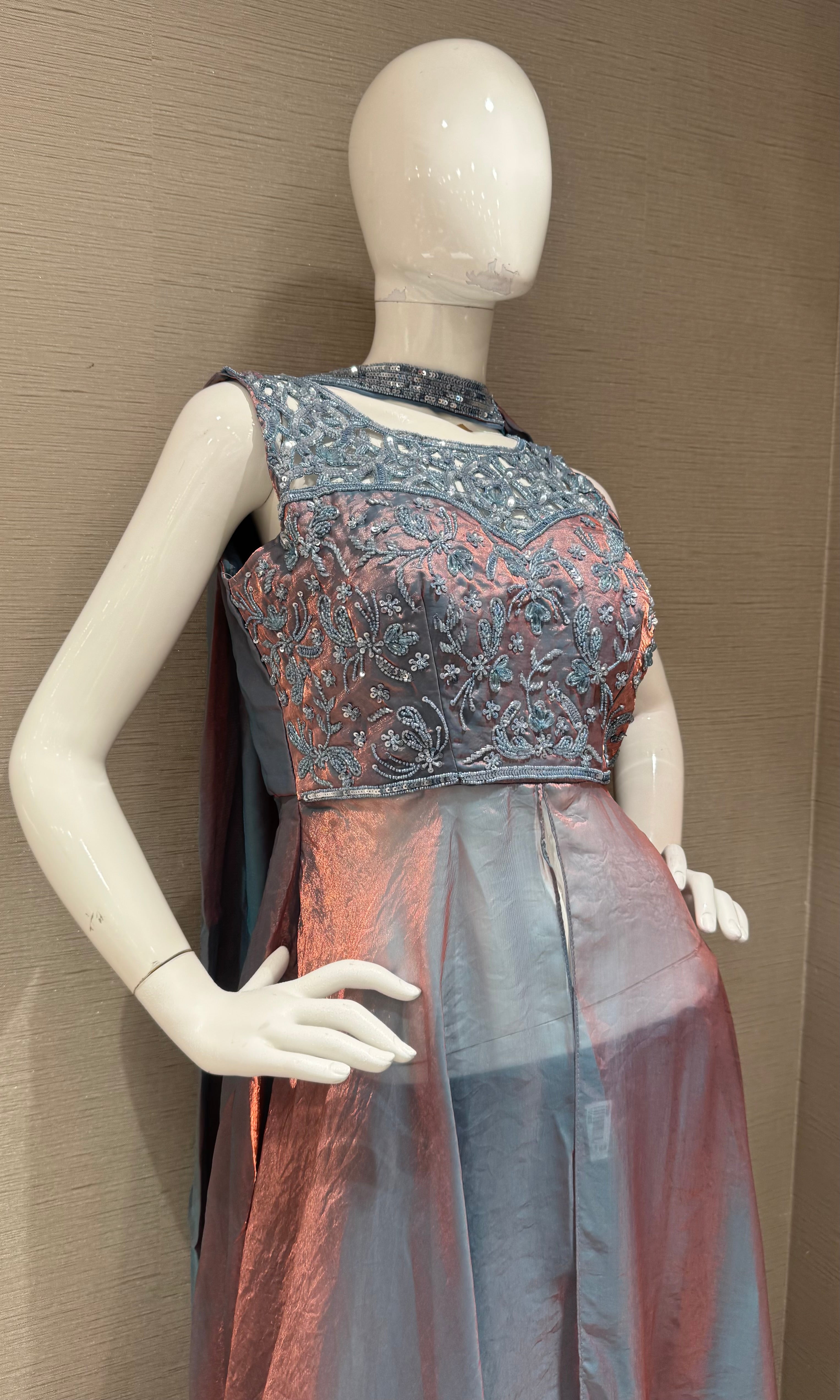 Blue shimmer front slit anarkali palazzo set