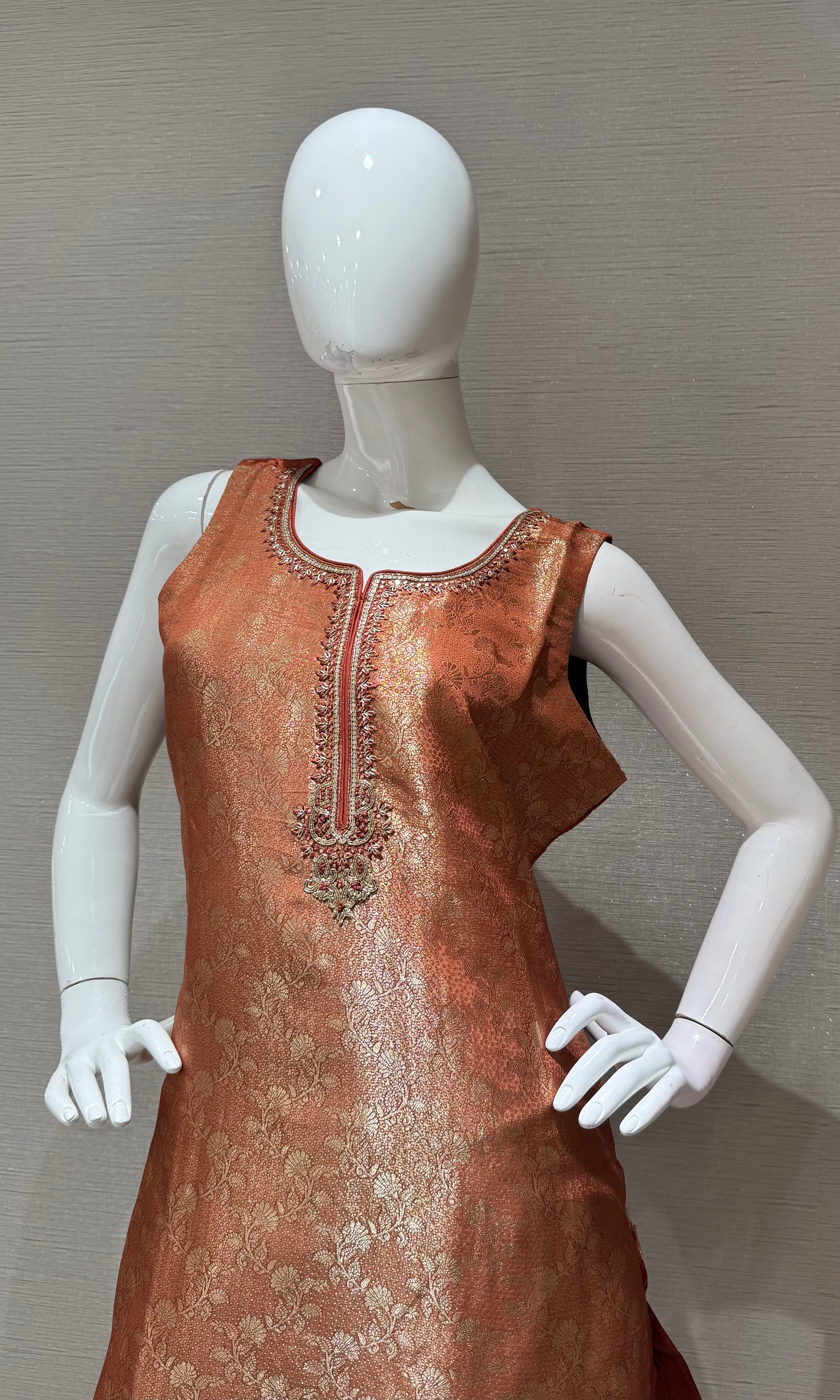 Light Rust Embroidered Kurta Set with Gold Border Dupatta