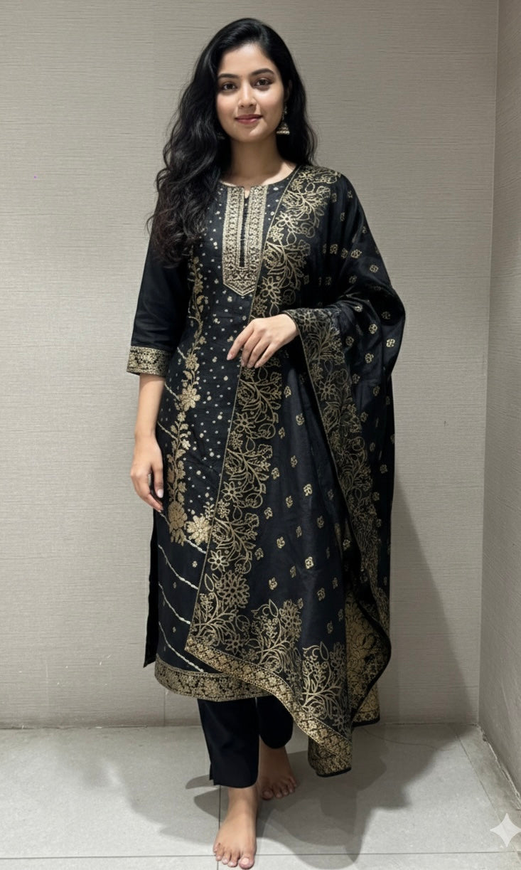 Black golden floral print kurta set