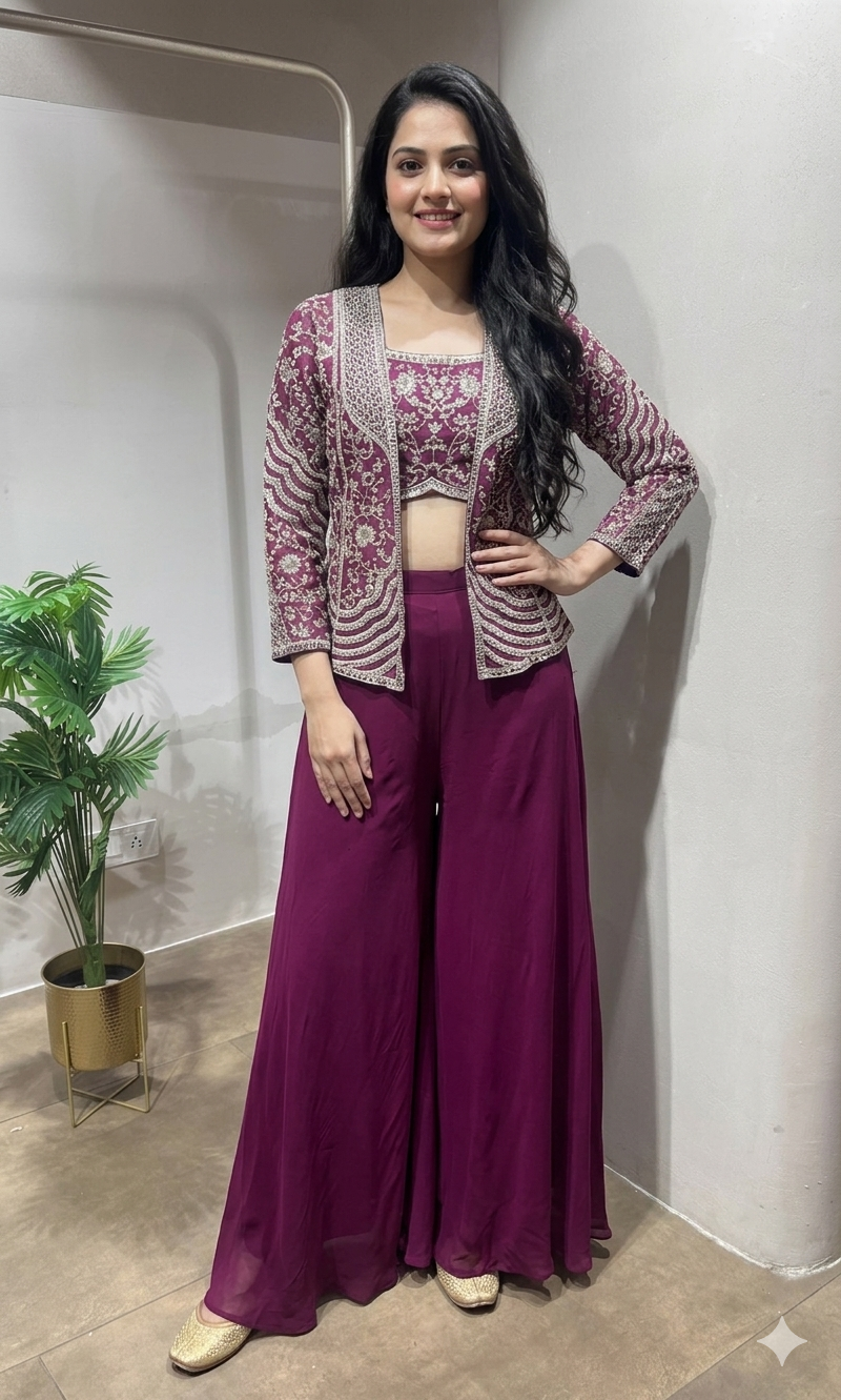 Wine Embroidered Jacket Palazzo Set