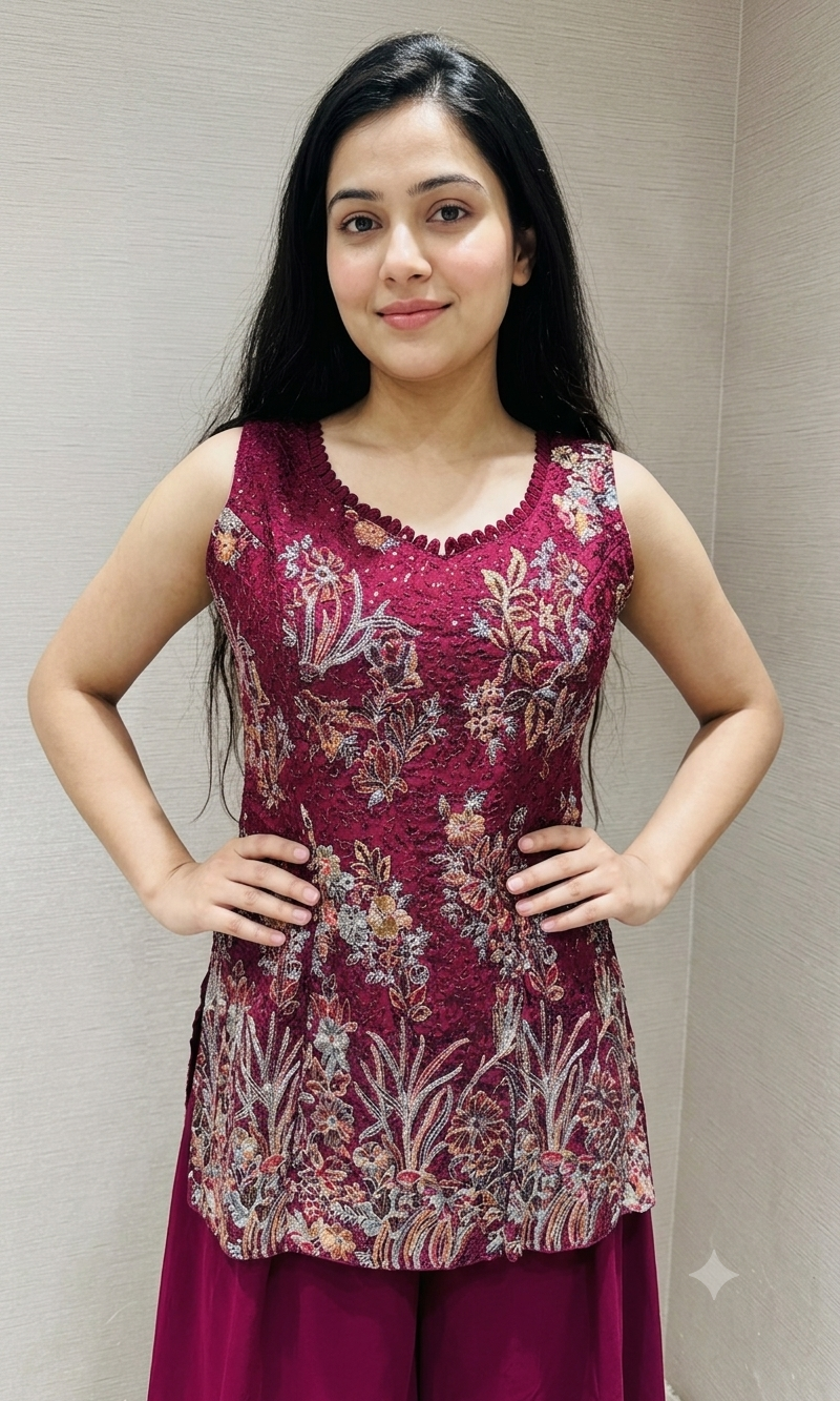 Wine floral zari georgette Palazzo set