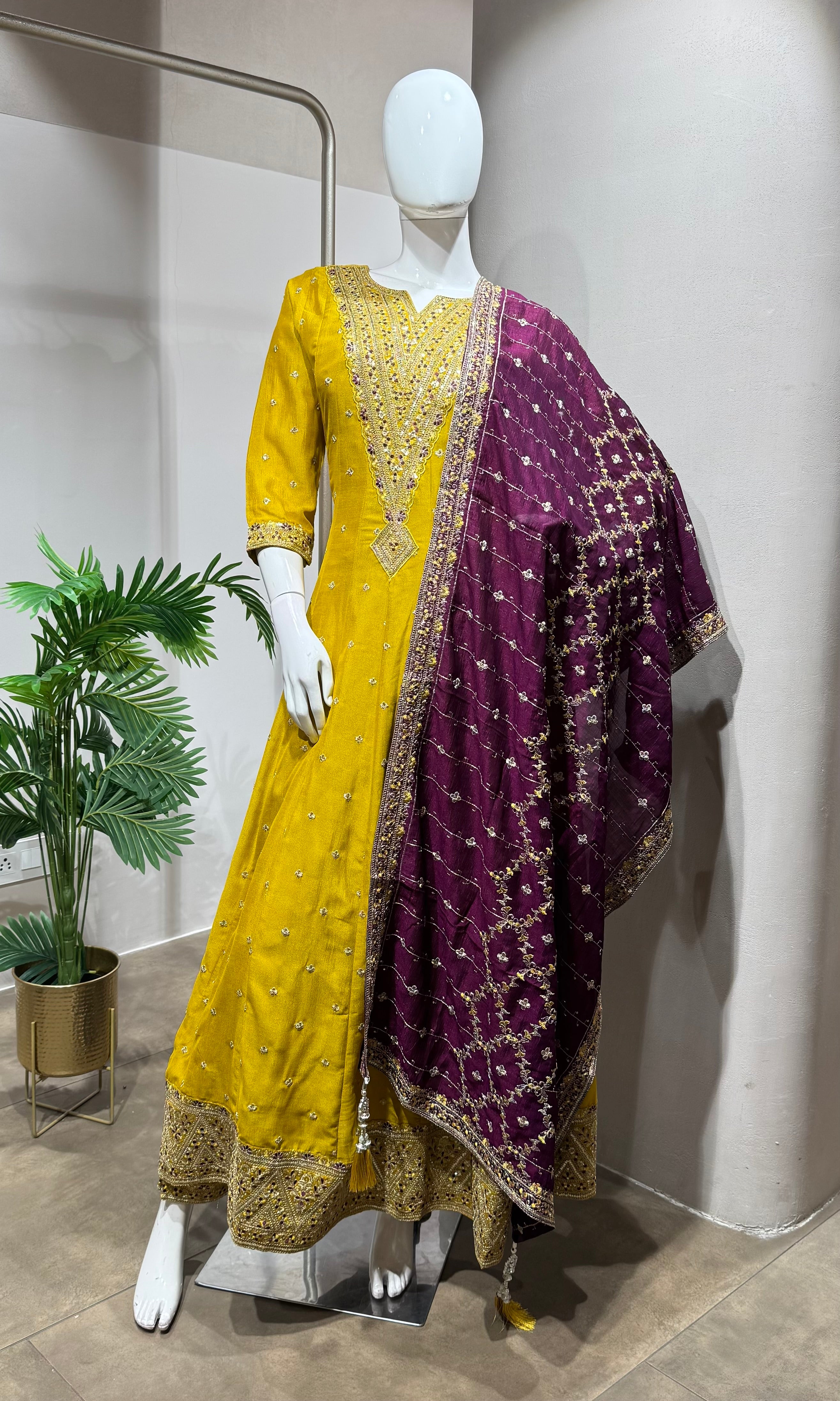 Mustard embroidered Anarkali with Dupatta