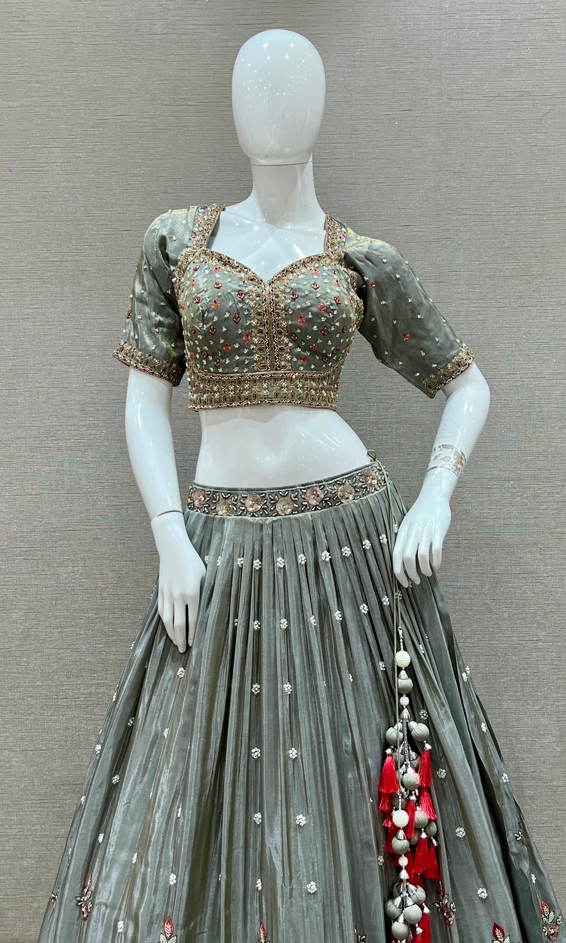 Smokey Grey Lehenga with Floral Crystal Embroidery and Sequin Highlights
