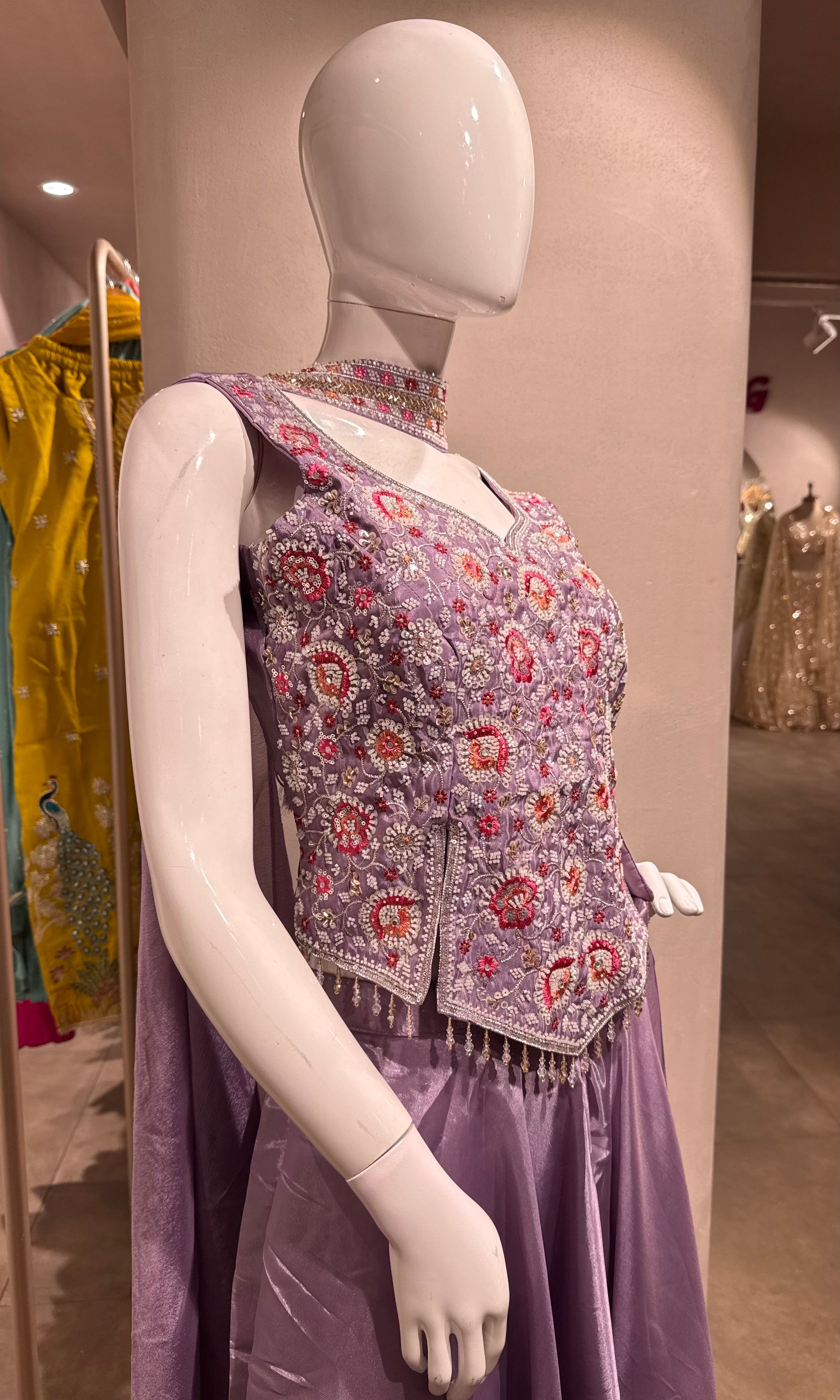 Lavender embroidered crop top set with flared palazzo