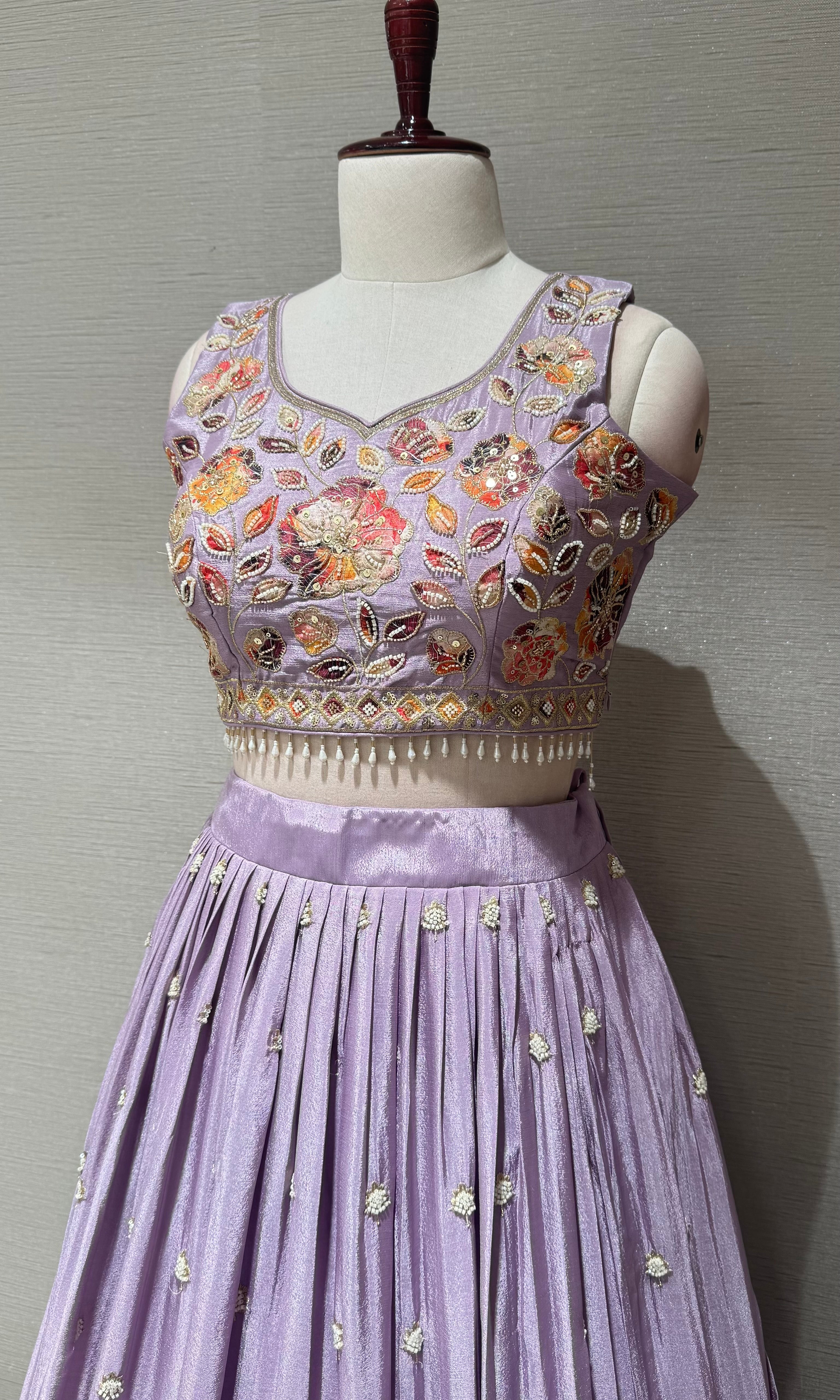 Lilac Tissue silk Multi Floral Crop Top Lehenga set