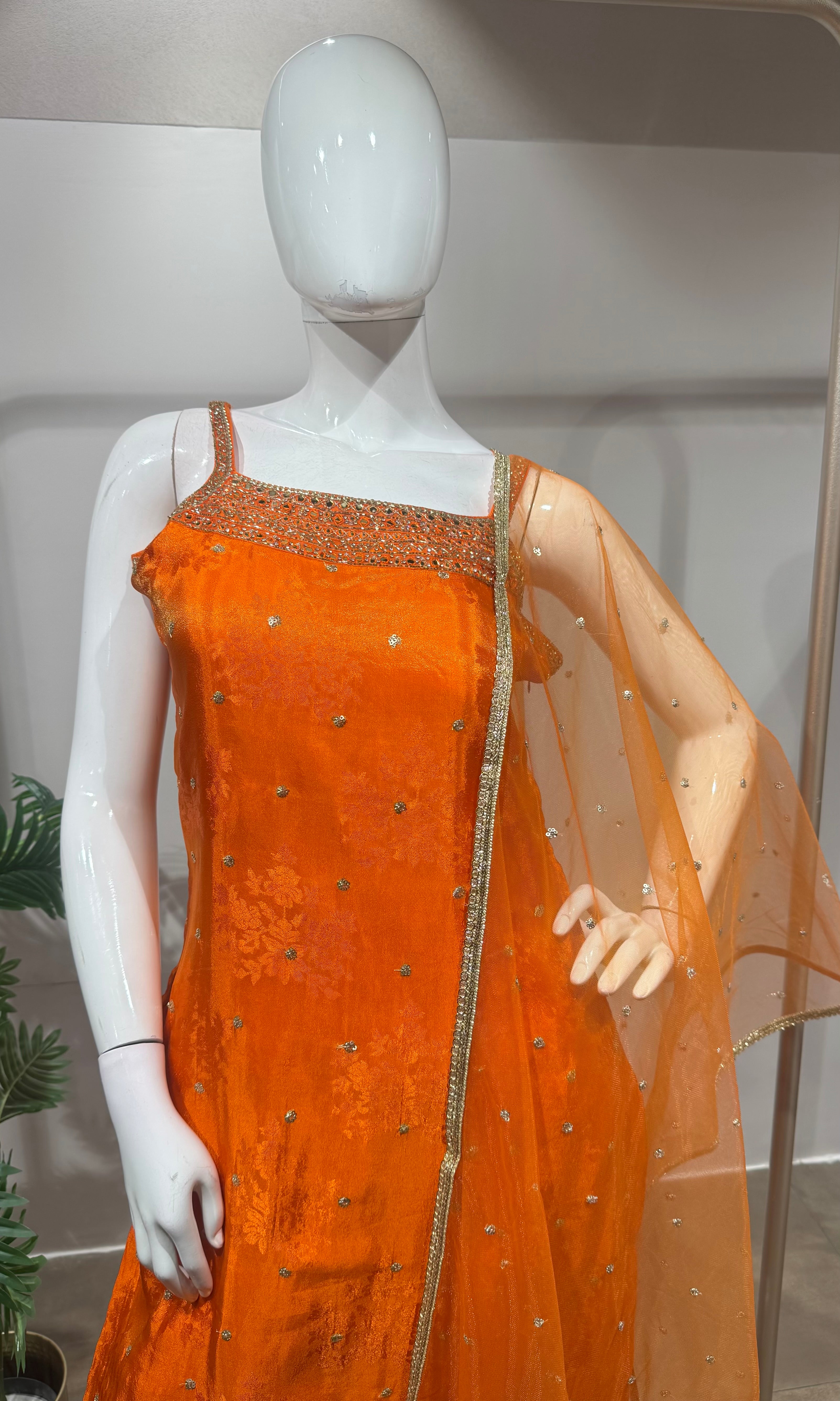 Orange silk golden kurta set