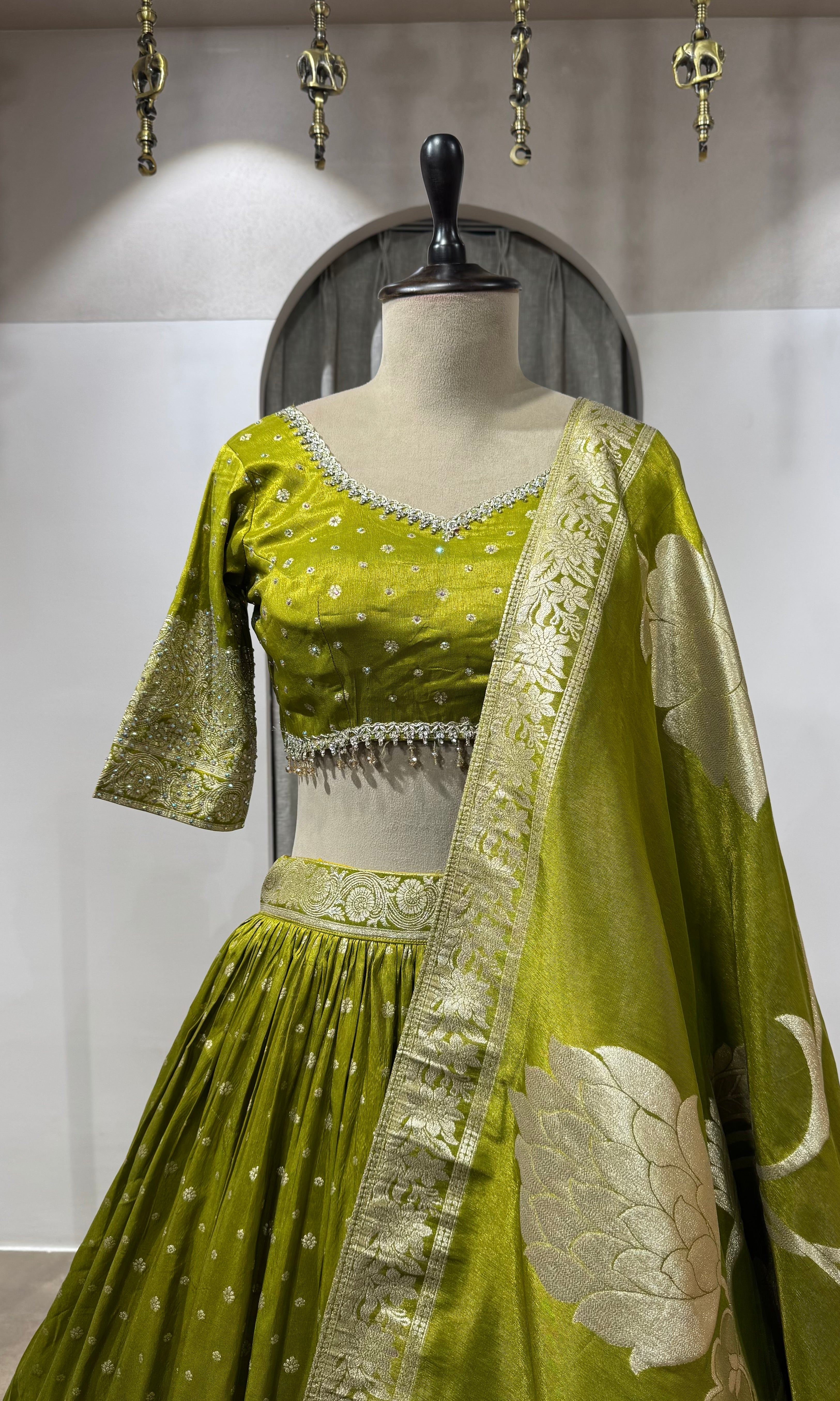Mehendi Green Banarasi Silk Lehenga