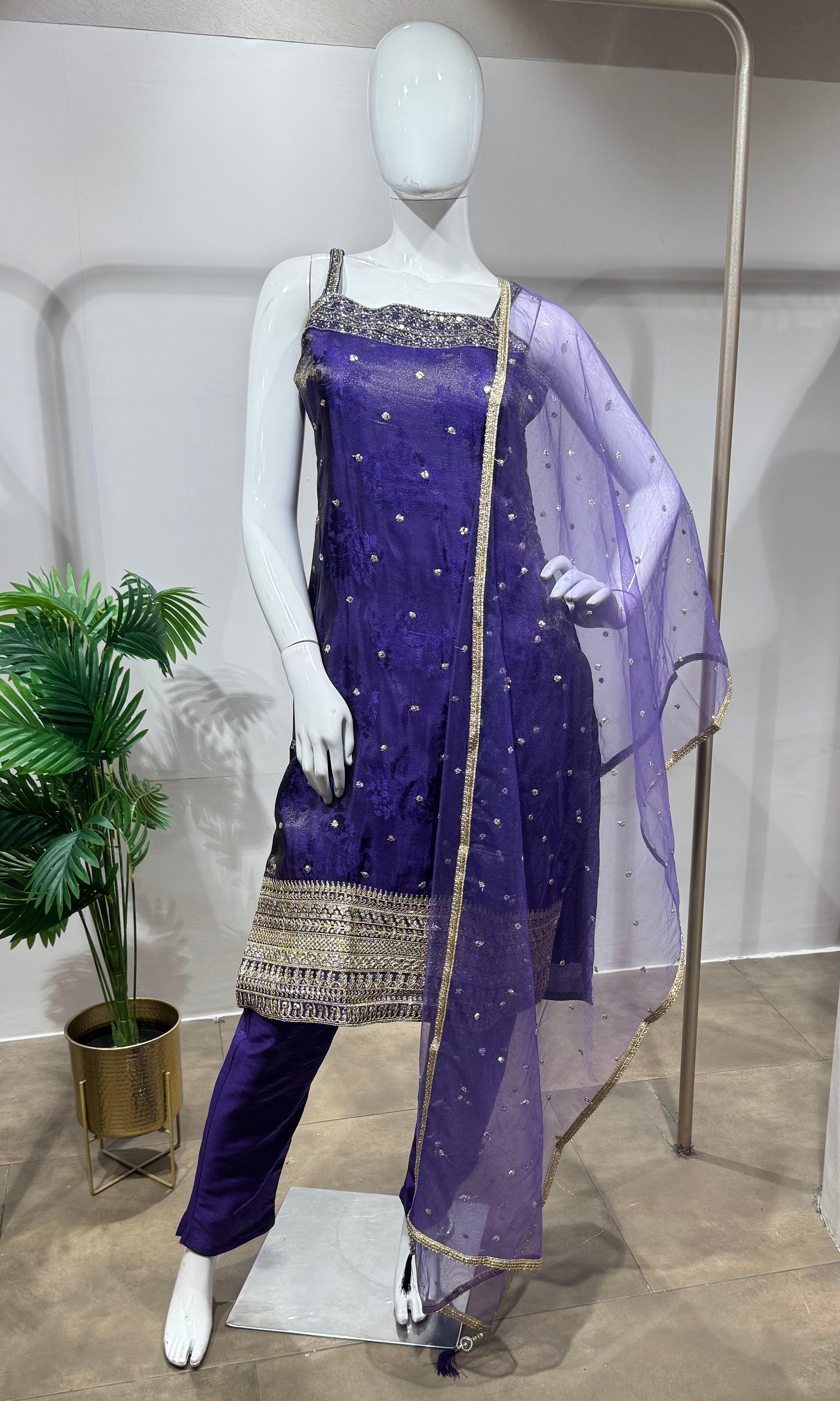Purple silk embroidered kurta set