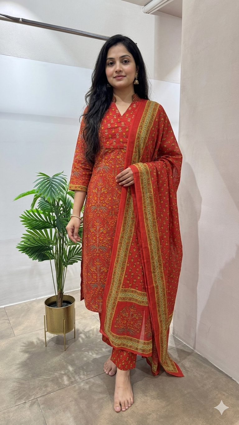 red printed kurta set