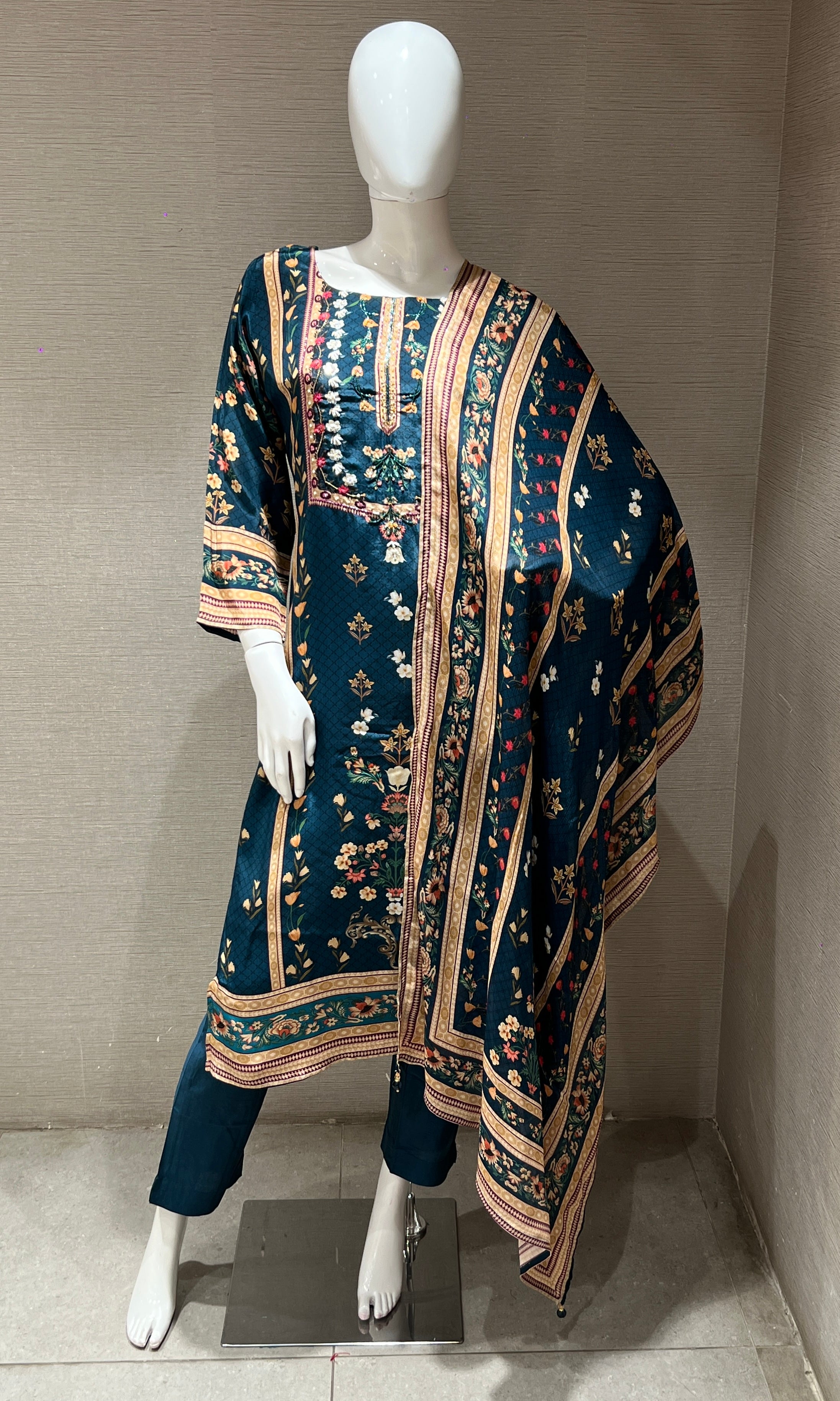 Peacock blue tussar silk kurta set