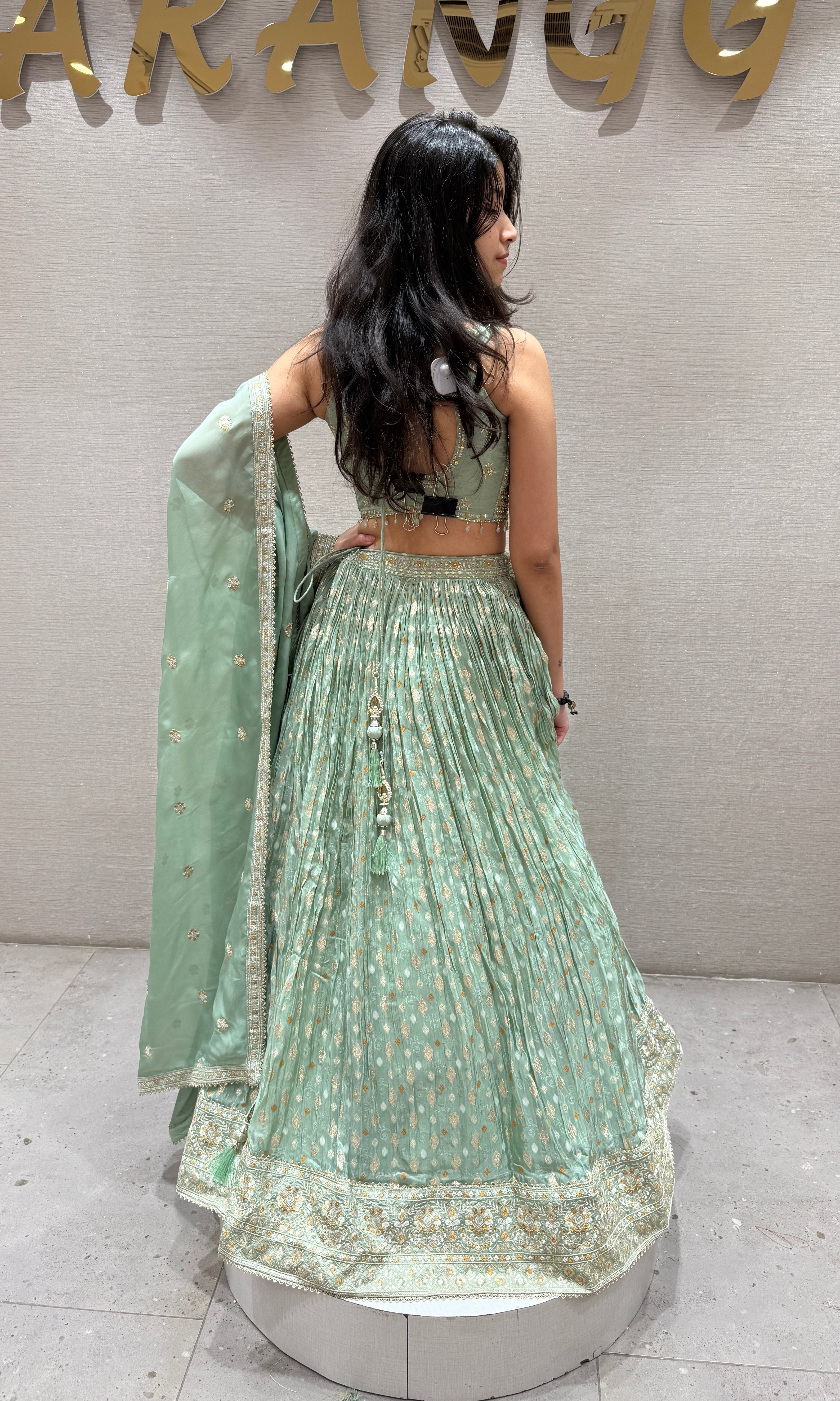 Pista Green Gold Woven Lehenga Ensemble